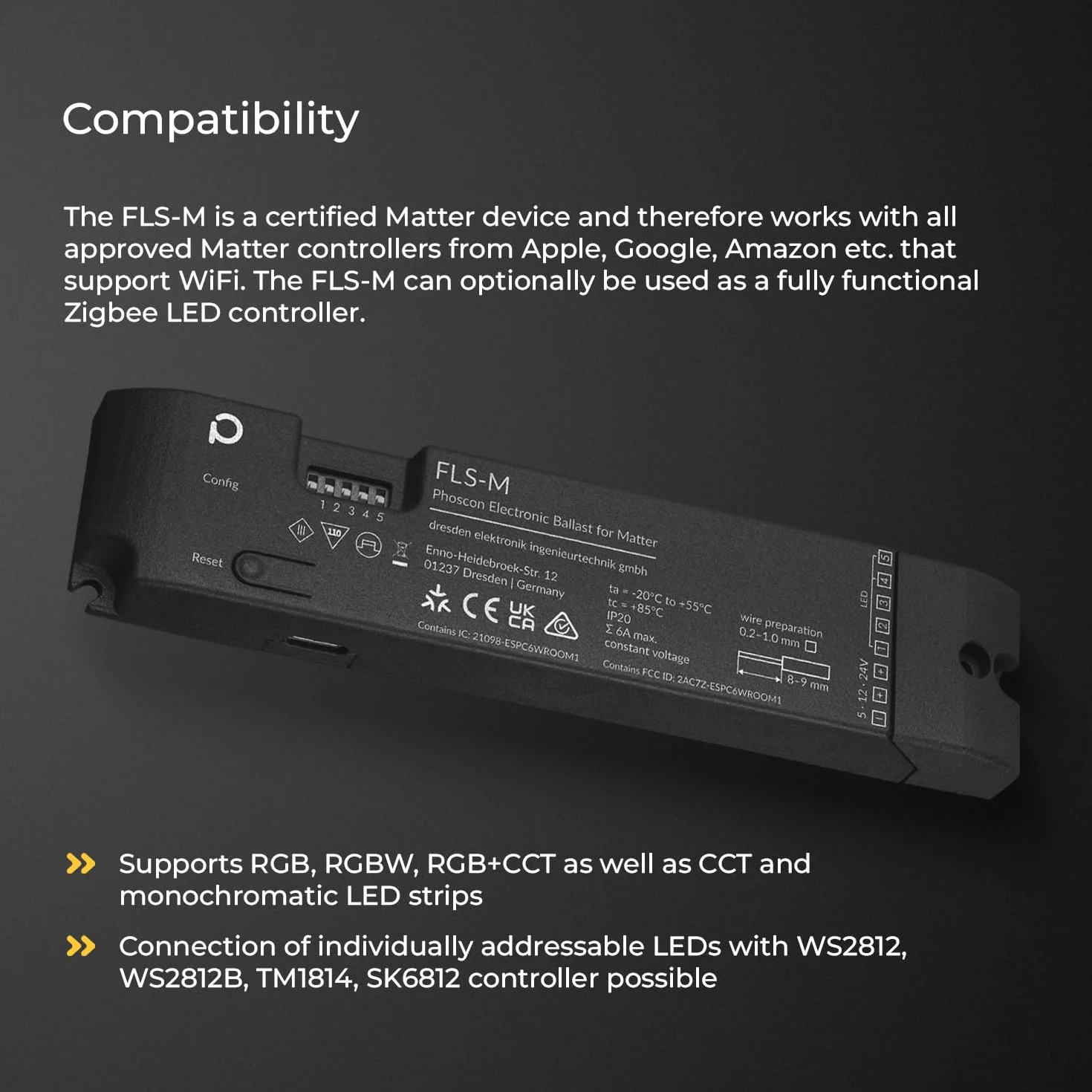 FLS-M – uniwersalny kontroler LED Matter Zigbee do taśm LED do 5 kanałów i indywidualnie adresowalnych diod LED, RGBW, RGB+CCT, jednokolorowy, WS2812B