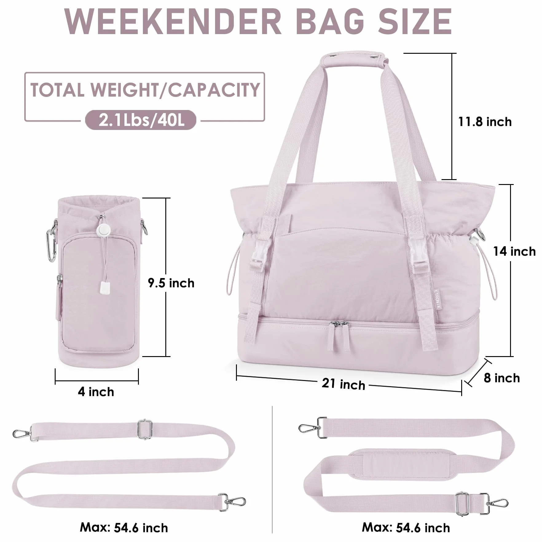 ETRONIK Torba na siłownię dla kobiet, torba na matę do jogi z torbą na butelkę wody, 40 l, torba weekendowa, z przegródką na buty i kieszenią na mokro, torba podróżna dla kobiet, do jogi, pracy,