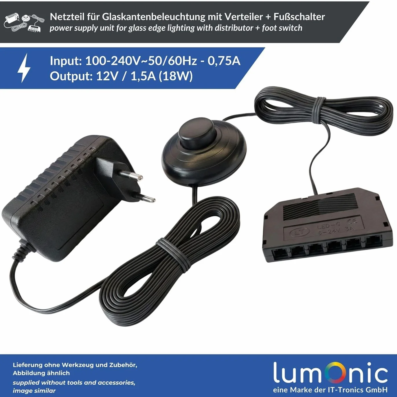 Lumonic Zasilacz LED 12V 18W 340cm Plug & Play z przelacznikiem noznym 6-droznym rozdzielaczem