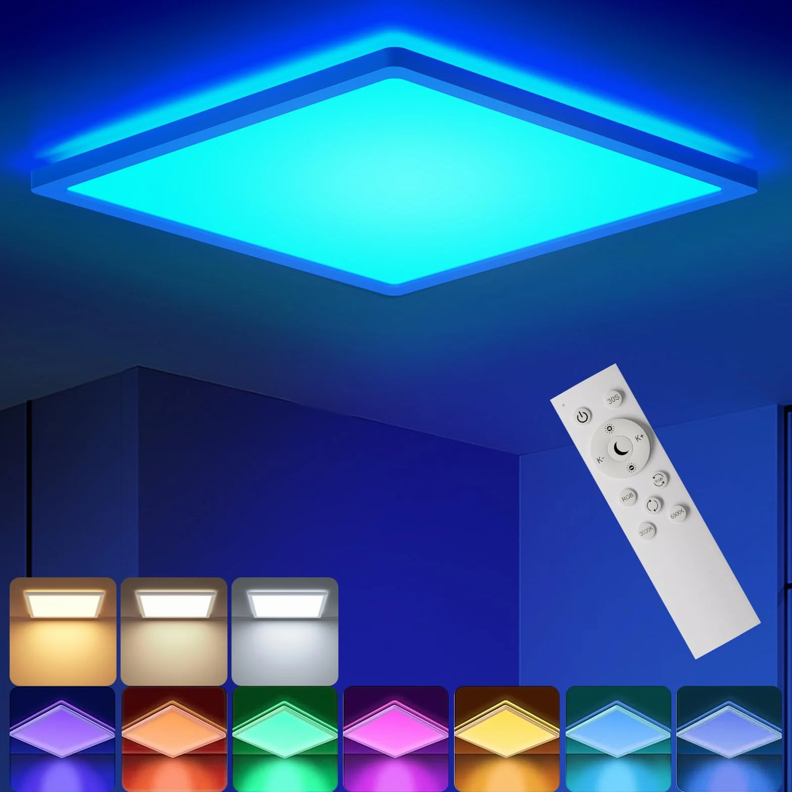 RGB LED Sufitowa Lampa Ściemnialna 24W Panel 3000K-6500K 2400lm Kwadratowa Biała 30x2,5cm