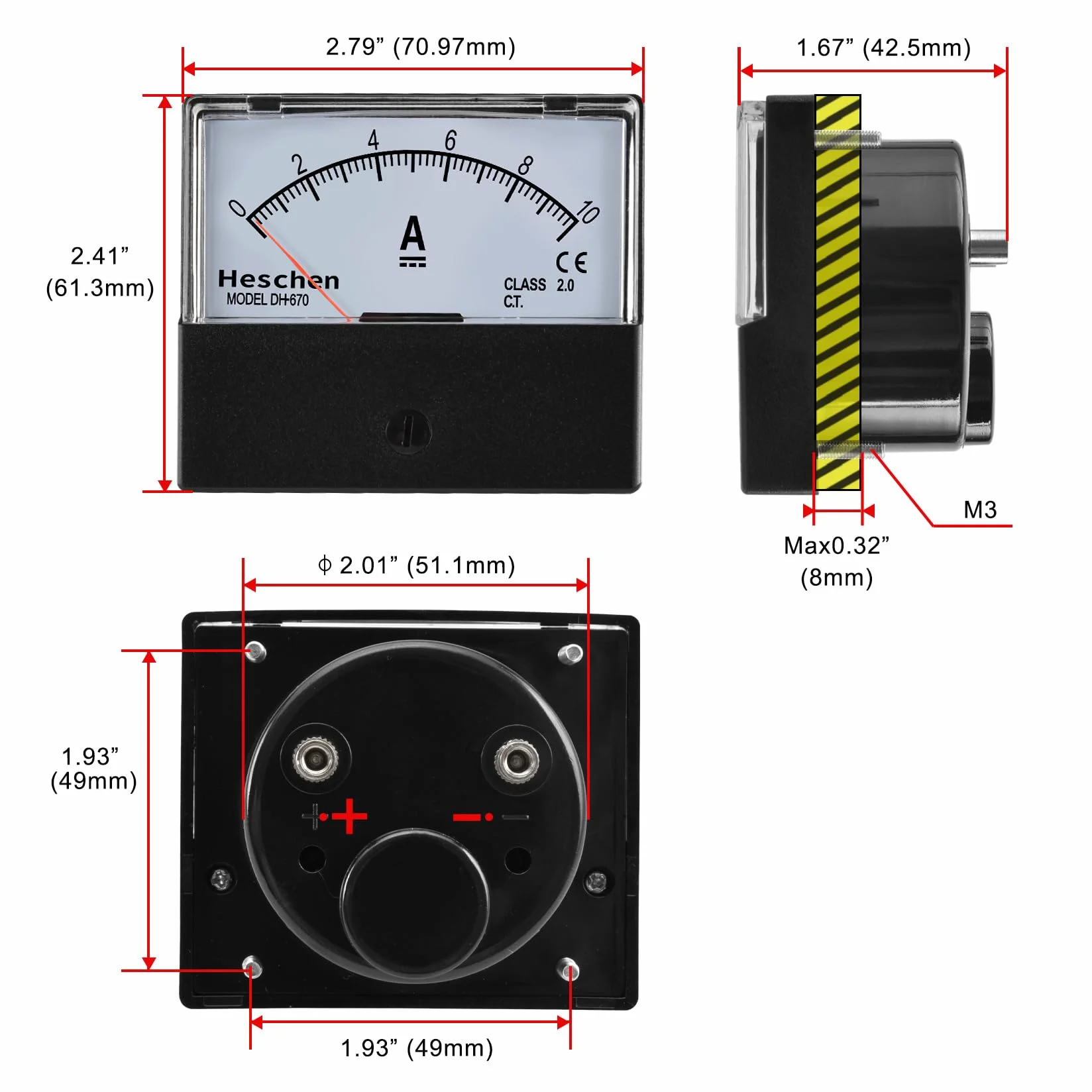 Heschen Single Panel Mounted Prąd miernik amperomierz tester DH 670 DC 10 A klasa 2.0
