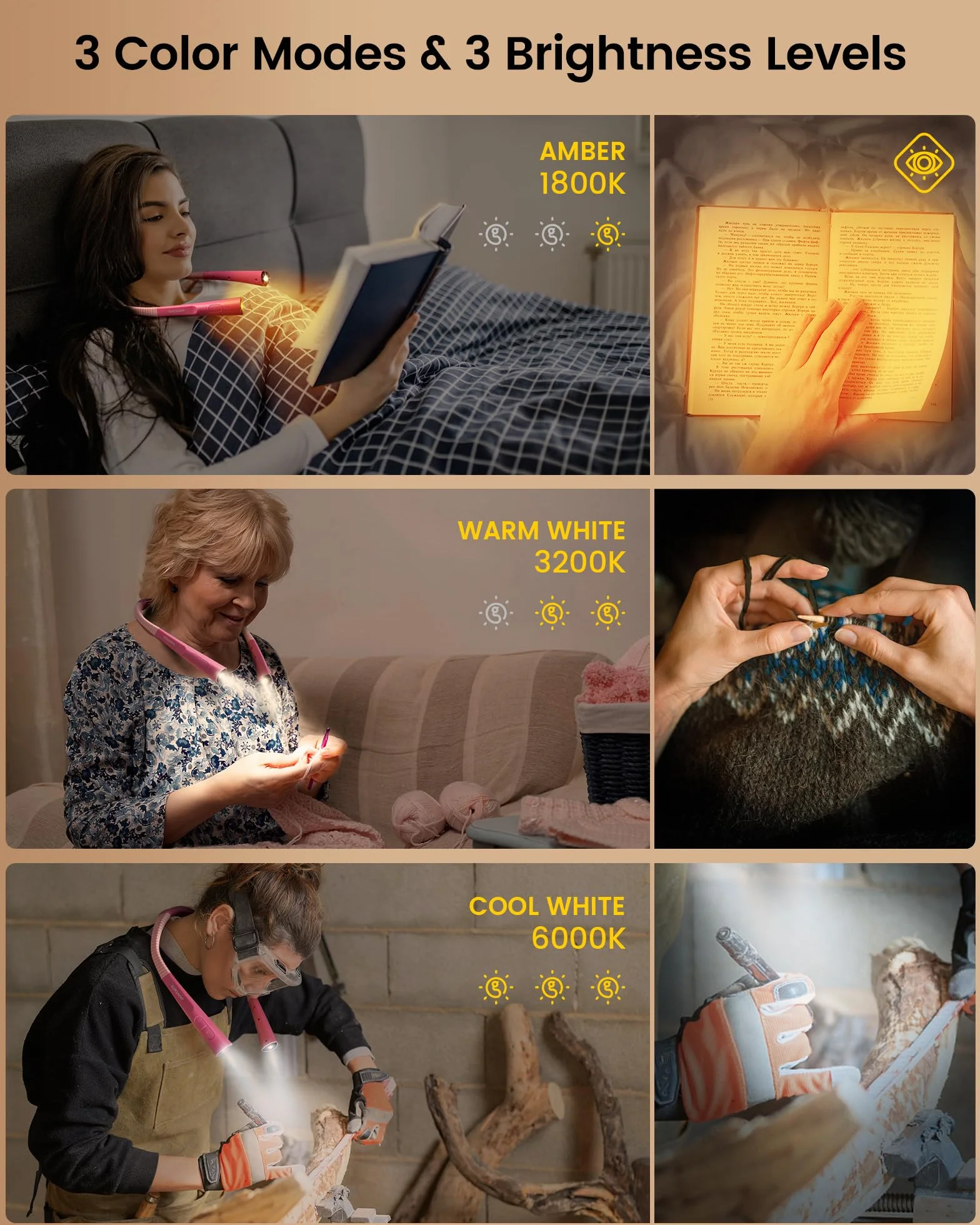 Glocusent LED Neck Reading Light do czytania w nocy, 30-min Timer, 3 kolory i 3 jasność regulowane, Rechargeable