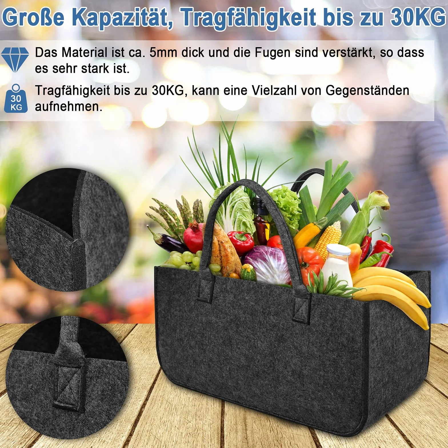 Zestaw 4 filcowych toreb kominkowych z uchwytami 25x25x50 cm ciemnoszary
