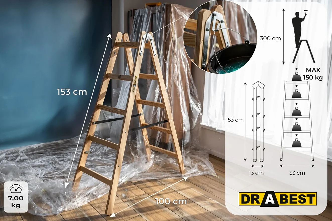 DRABEST Pro Drewniana Drabina 5-Stopniowa – Lekka Składana, Udźwig 150 Kg