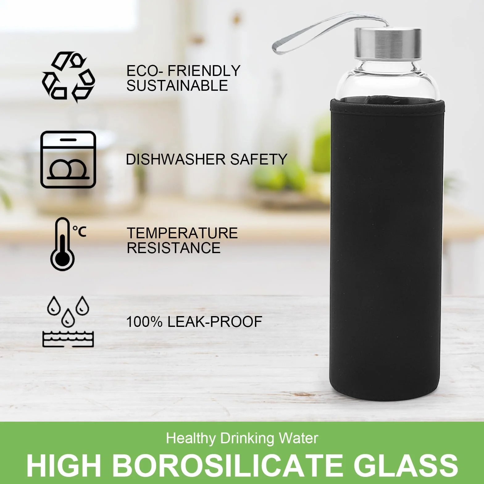DAWRIS Butelka na wodę 550 ml, szkło neoprenowe, szkło borokrzemowe, szczelna, izolowana, idealna na kemping, wędrówki, podróże, jogę, kuchnię, dom, biuro i szkołę