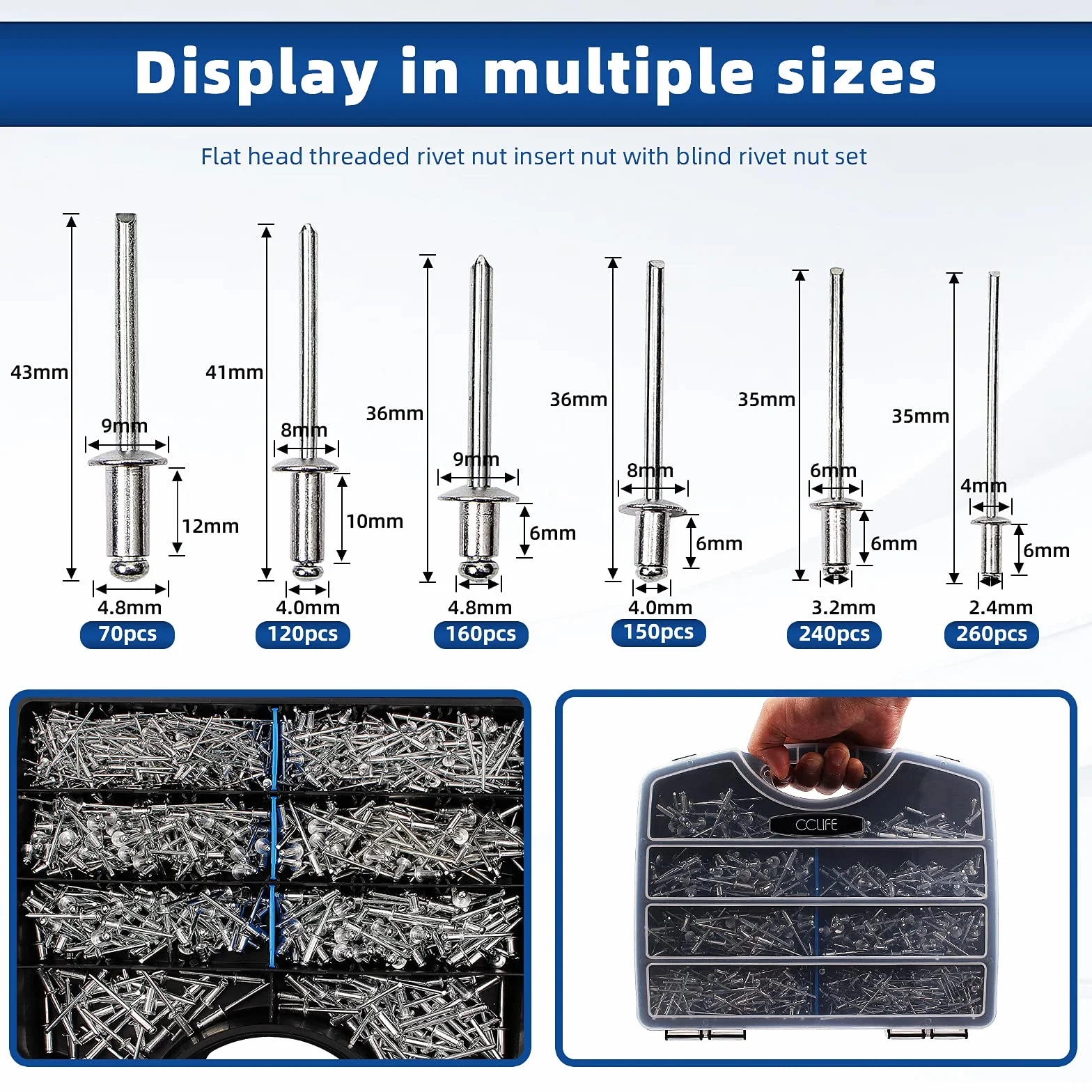 CCLIFE Zestaw 1000 sztuk nity aluminiowe ślepe nity poprzeczne nity stalowe 2,4-3,2-4-4,8mm