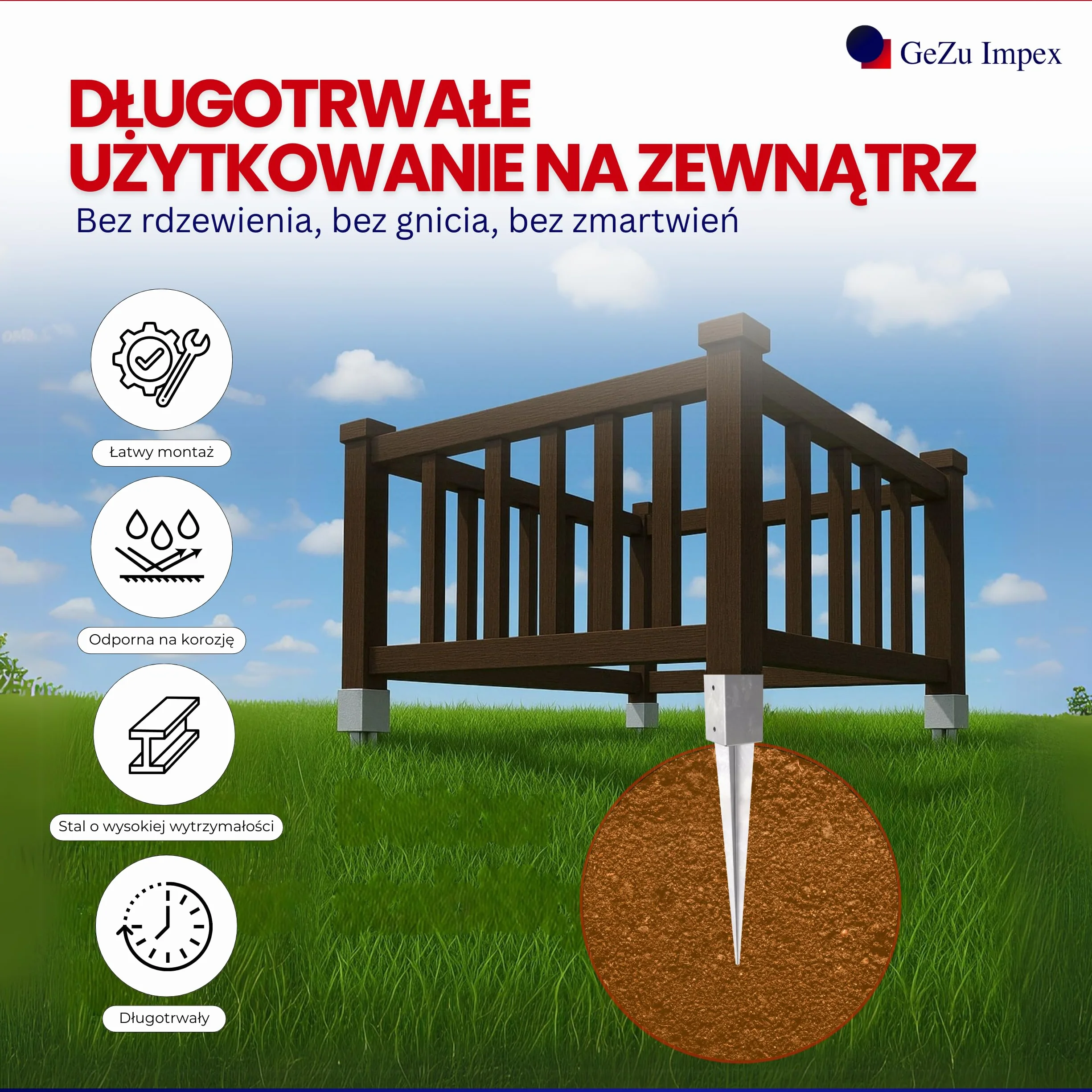 GeZu Impex® Wspornik słupkowy 71 x 71 x 750 mm ocynkowany ogniowo uchwyt ogrodzeniowy kotwica tuleja uziemiająca