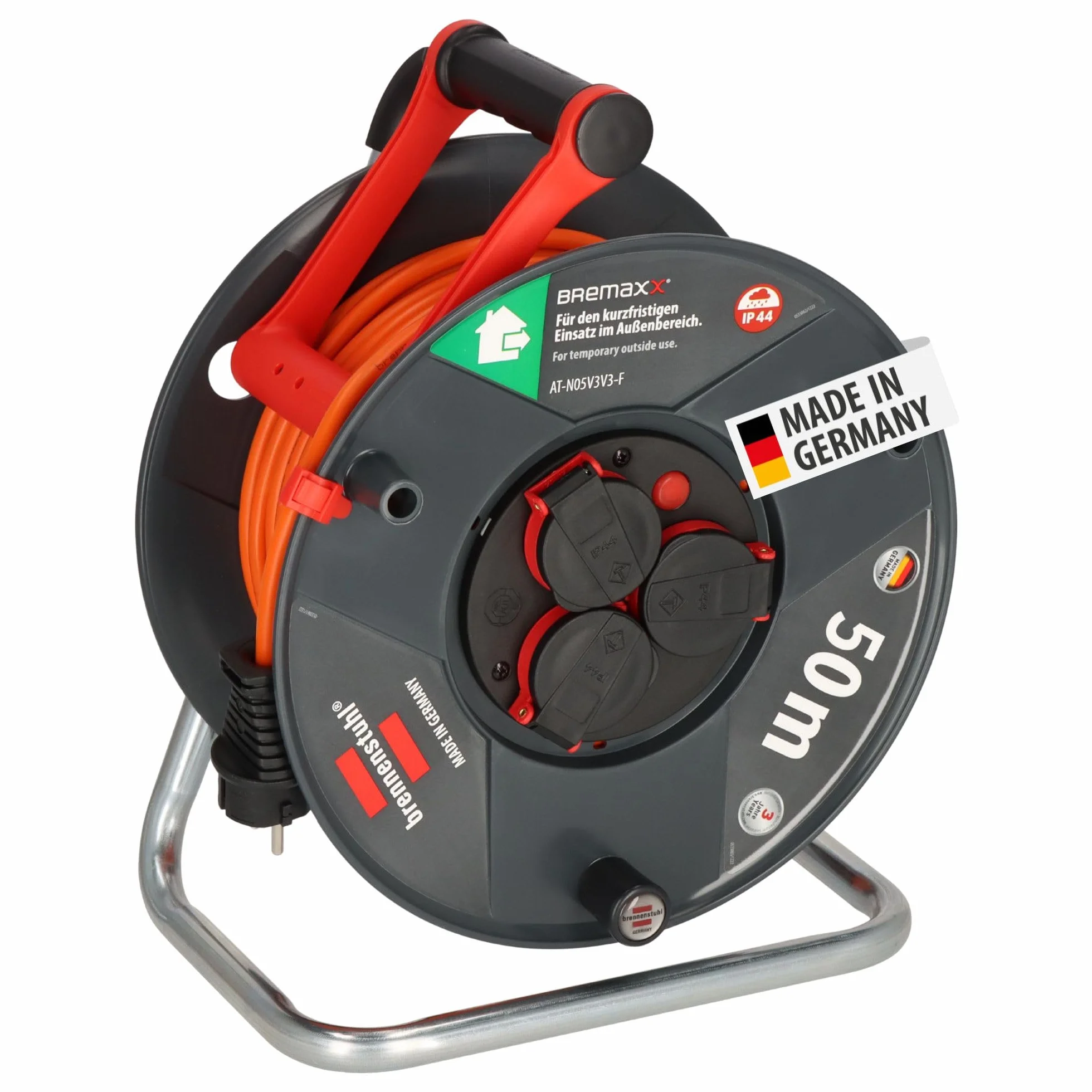 Brennenstuhl Garant V2 bęben kablowy IP44, 50 m, do użytku na zewnątrz (Made in Germany, kabel w kolorze pomarańczowym, krótkotrwałe zastosowanie na zewnątrz)