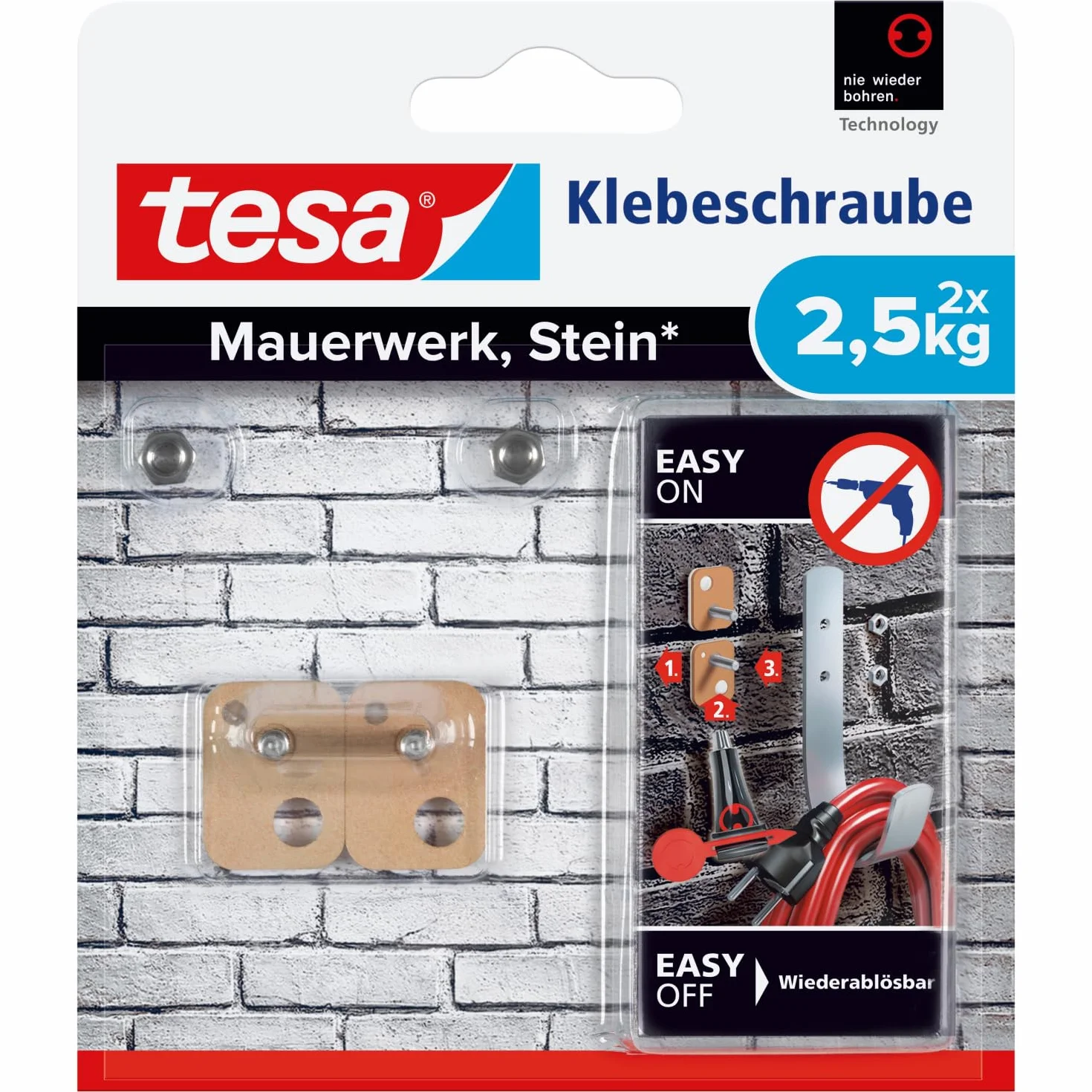 tesa Śruba klejąca do muru i kamienia, moc trzymania 2,5 kg, czworokątna, 2 sztuki