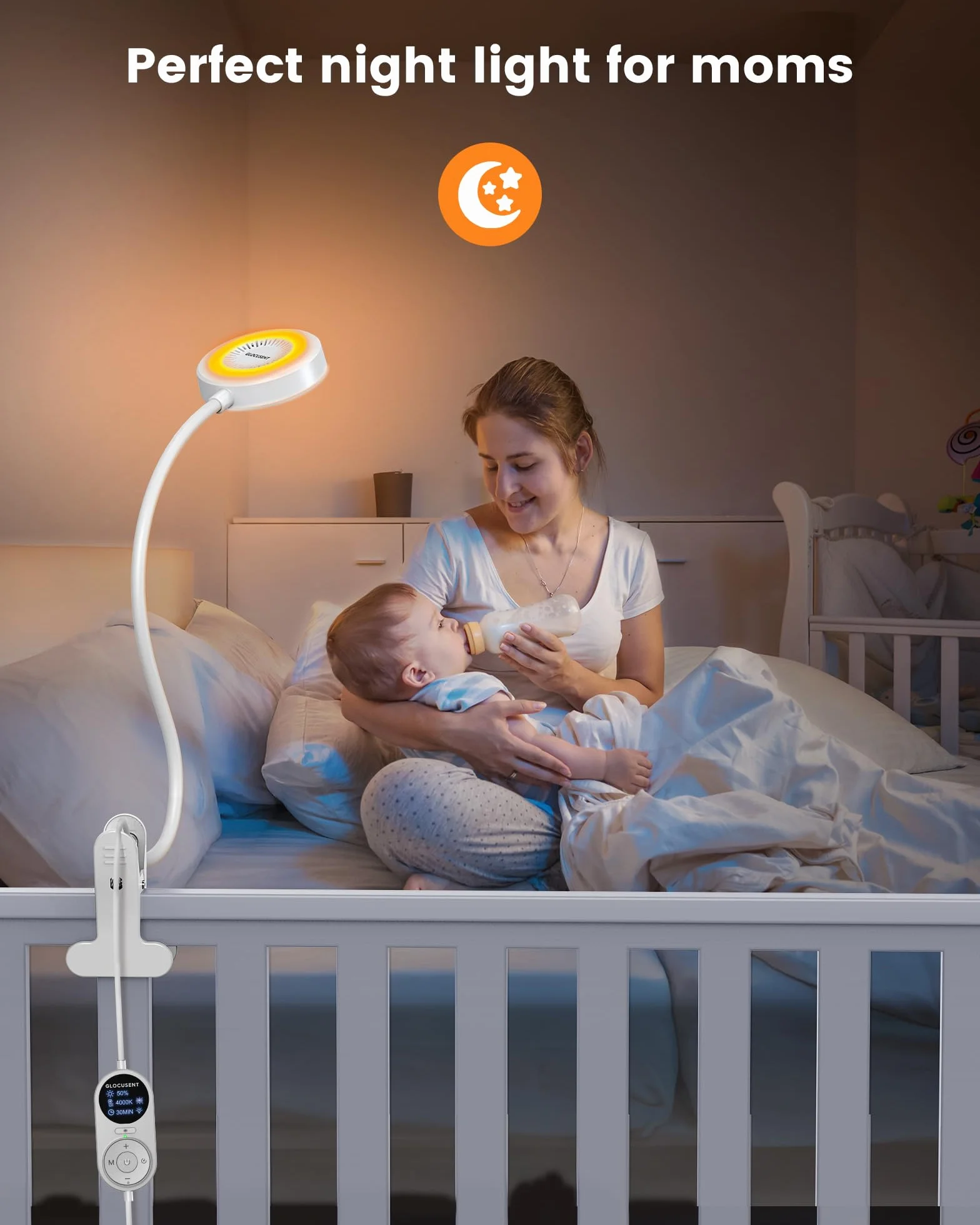 Glocusent Lampka do czytania do łóżka, 72 LED lampa zaciskowa z 3 kolorami i 5 poziomami jasności, elastyczna lampka do łóżka z pomarańczowym światłem nocnym, 30/60-minutowy timer, ochrona oczu, do