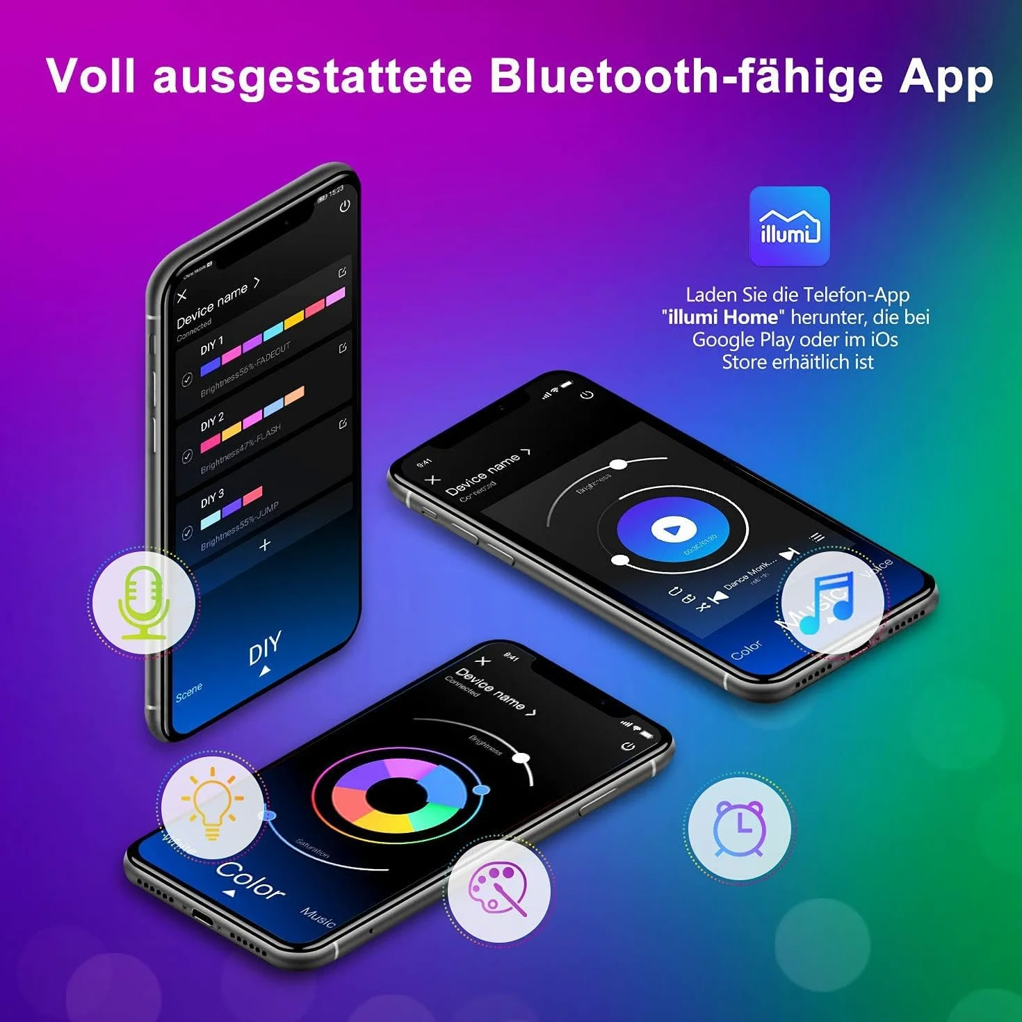 Taśma LED Bluetooth RGB 15 m z pilotem i aplikacją, synchronizacja z muzyką, 16 mln kolorów