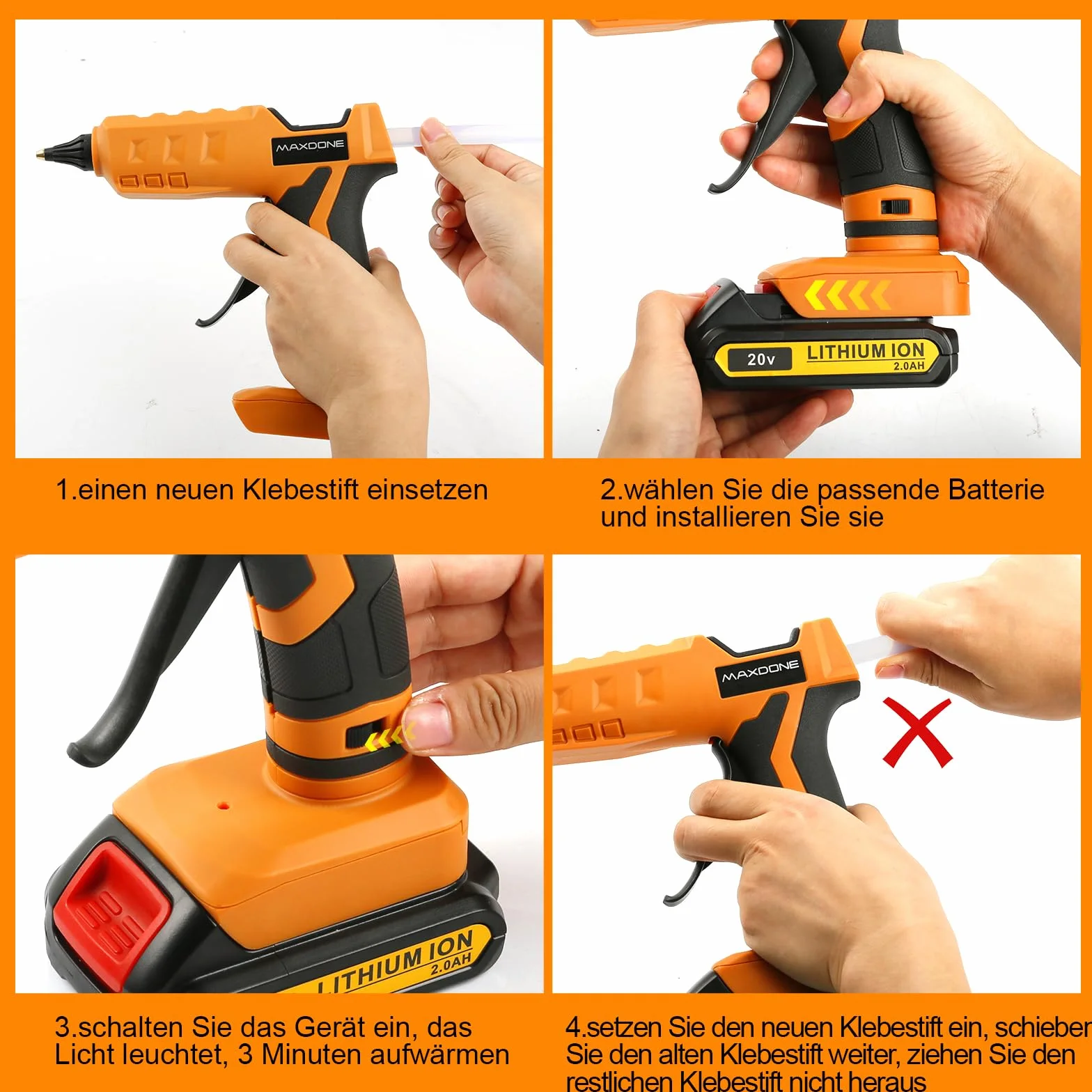 Bezprzewodowy pistolet do klejenia na gorąco Dewalt 18 V XR 100 W, pałeczki 11 mm