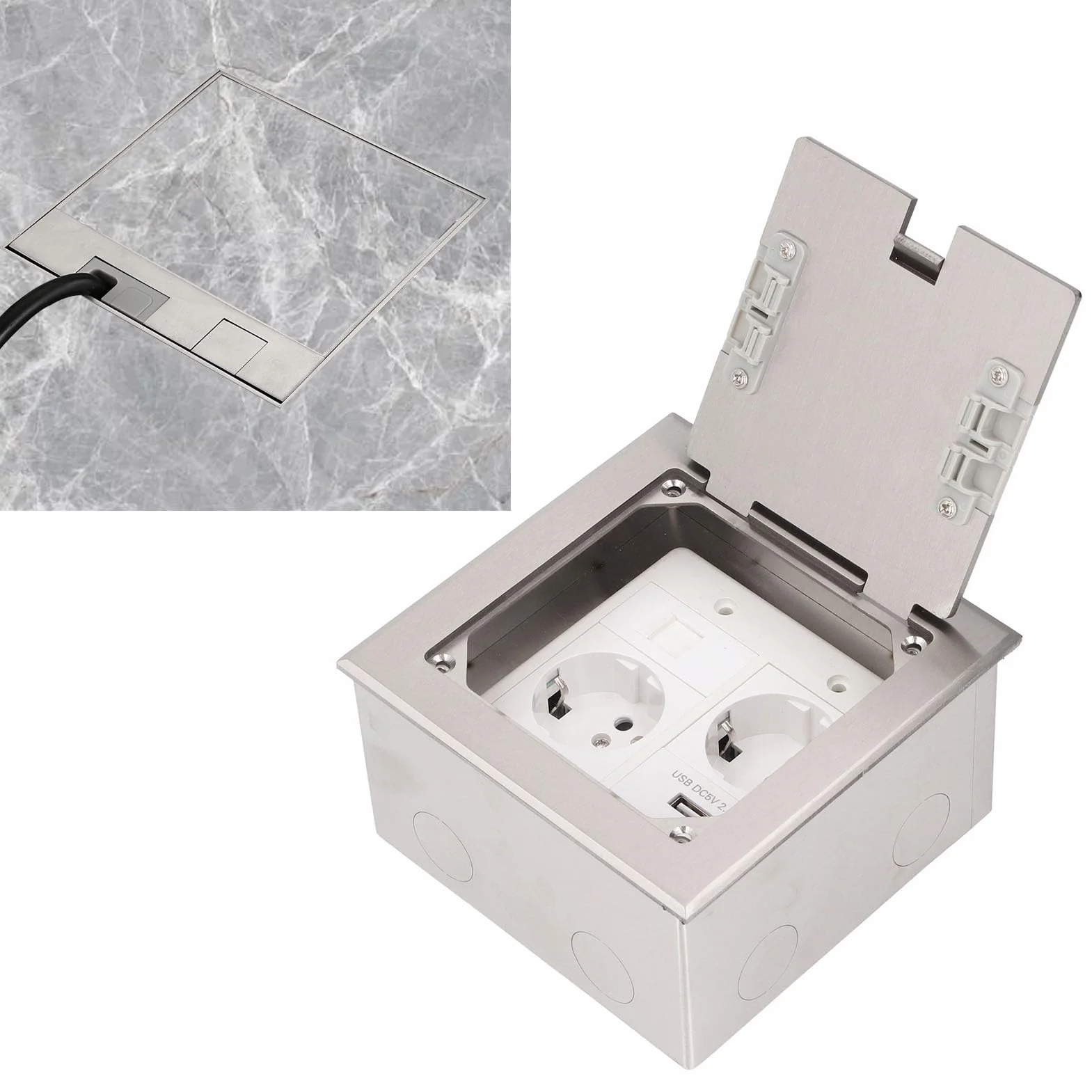 Podłogowa Skrzynka Wyjściowa, 2500W 16A 2 Gniazda 1 Port USB 1 Port Komputera Wpuszczane Gniazdo Podłogowe Wodoodporny Wielofunkcyjny Pudełko z Gniazdkiem Elektrycznym dla