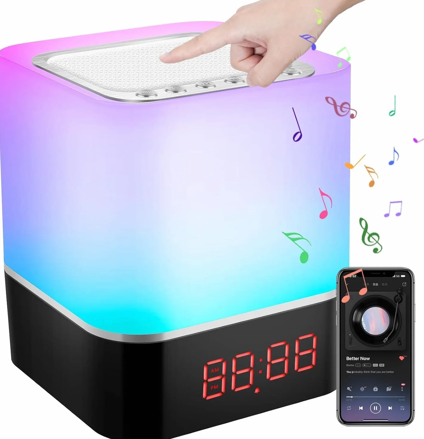 Głośnik Bluetooth ze światłem 5 w 1, lampka nocna dotykowa ściemniana, budzik, zmiana kolorów, przenośny głośnik, lampa stołowa