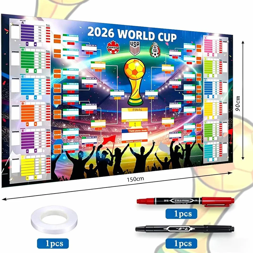 Shengou Plan meczów w piłce nożnej 2026, plakat z 2 piórami, planer piłki nożnej 150 x 90 cm, plan meczów MŚ 2026, plakat do dekoracji, zawiera 48 drużyn, grup, nokaut i finały wszystkie wyniki meczów