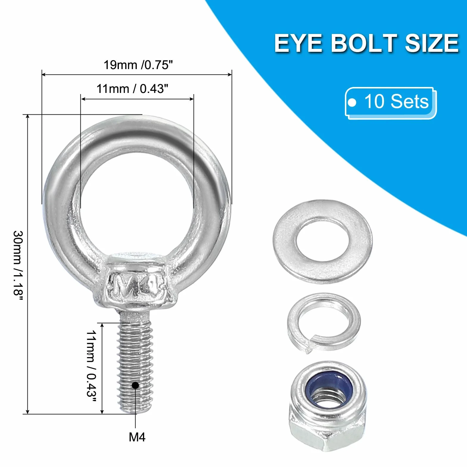 PATIKIL Śruba oczkowa M4 x 11 mm z nakrętką 10 sztuk 304 stal nierdzewna bolce oczkowe do zawieszenia srebrny