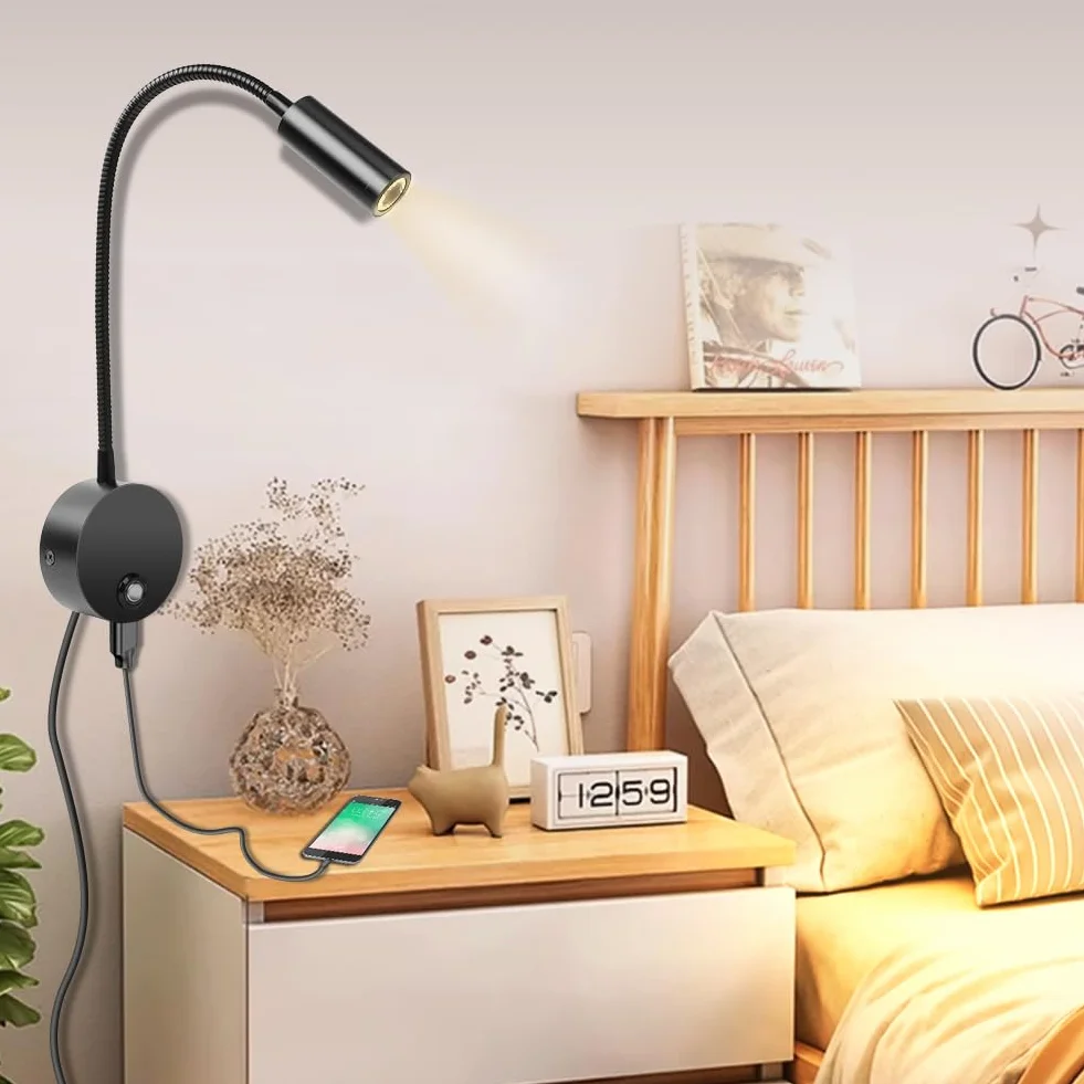 HOTUT Lampka Do Czytania Montowana Na Ścianie, Ściemnialna, USB, Czarna