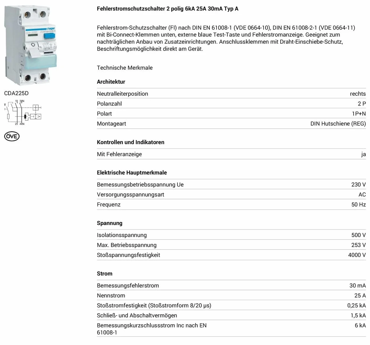 Hager CDA225D RCD 2P 25A 30mA 6kA Typ A