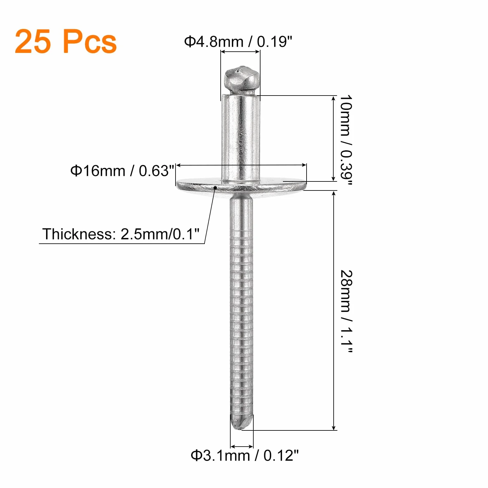 QUARKZMAN 25 szt. 3/16" x 3/8" 304 stal szlachetna nity zrywalne duży kołnierz