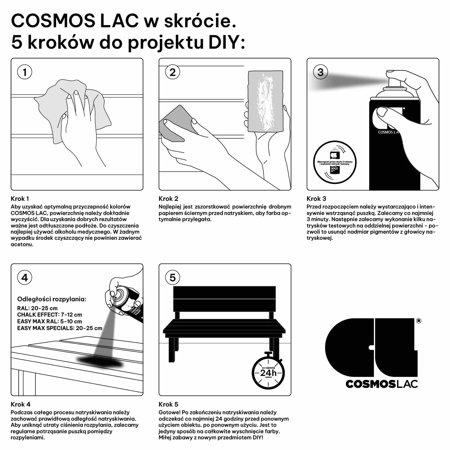 CL COSMOS LAC Lakier w sprayu matowy o dużej sile krycia – puszki aerozolowe "zrób to sam" – farba w sprayu akrylowa w sprayu (czarny, matowy)