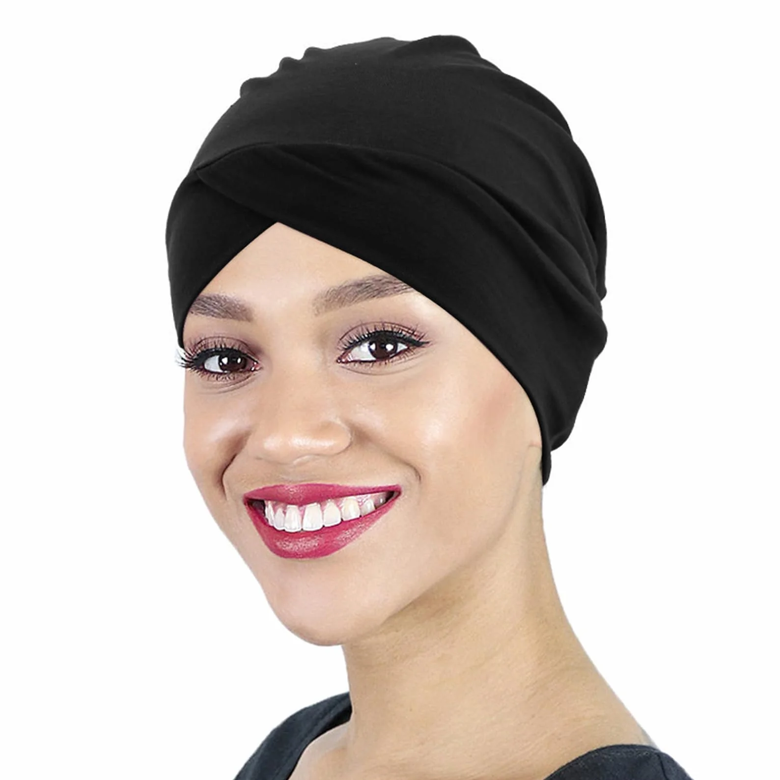 Czarny damski turban, jednokolorowy, regulowany kolor, turban z plisowanego materiału, elastyczny kaptur crossover, okrągły kapelusz turbanowy, dla kobiet, długie, krótkie włosy
