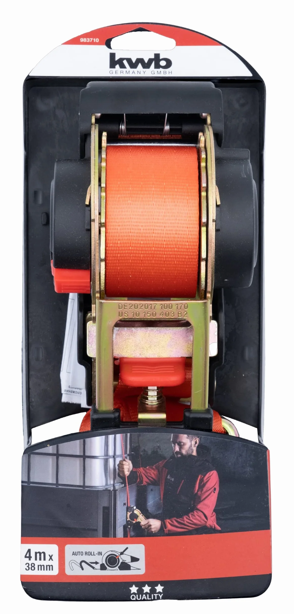 Kwb Pas mocujący z automatycznym zwijaniem 500 kg 38 mm 4 m z hakiem TÜV/GS
