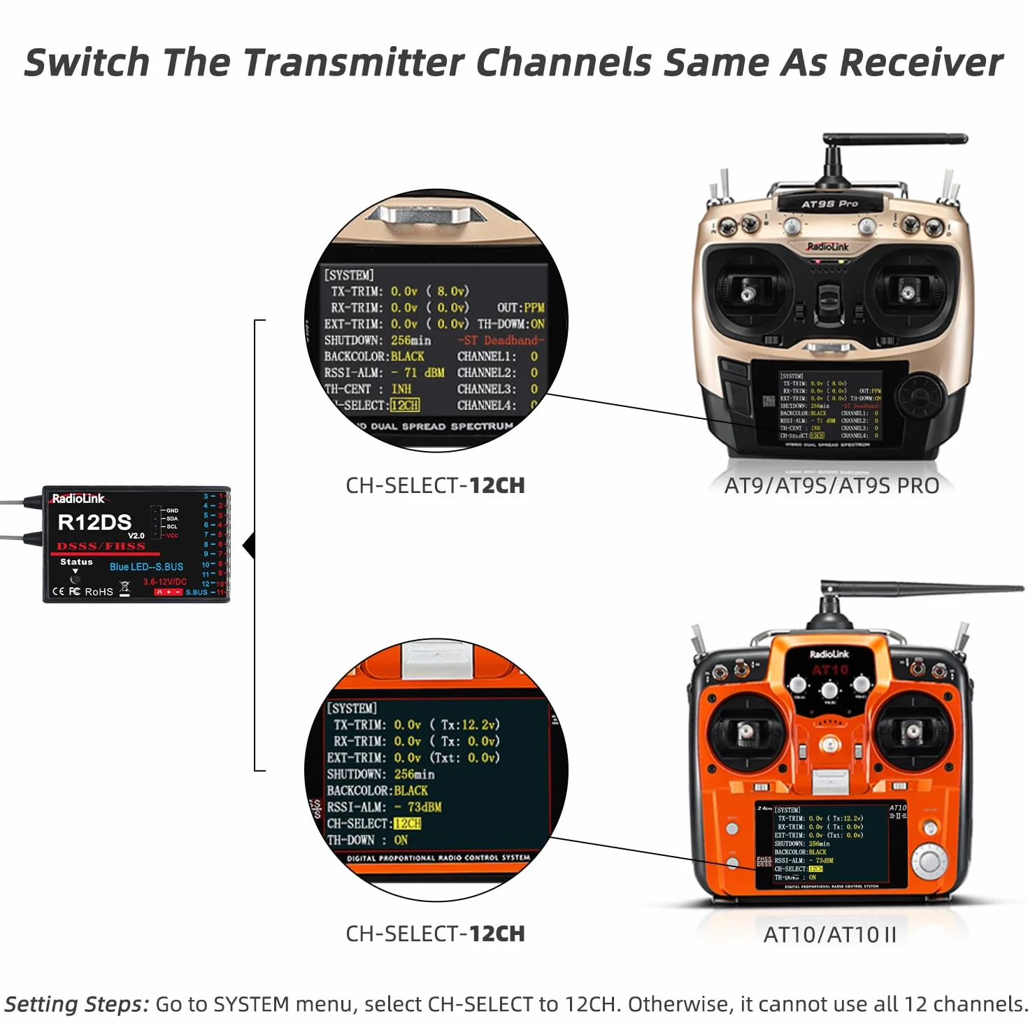 RadioLink R12DS 2.4G 12CH odbiornik do nadajnika AT9 AT9S AT10 AT10II RC