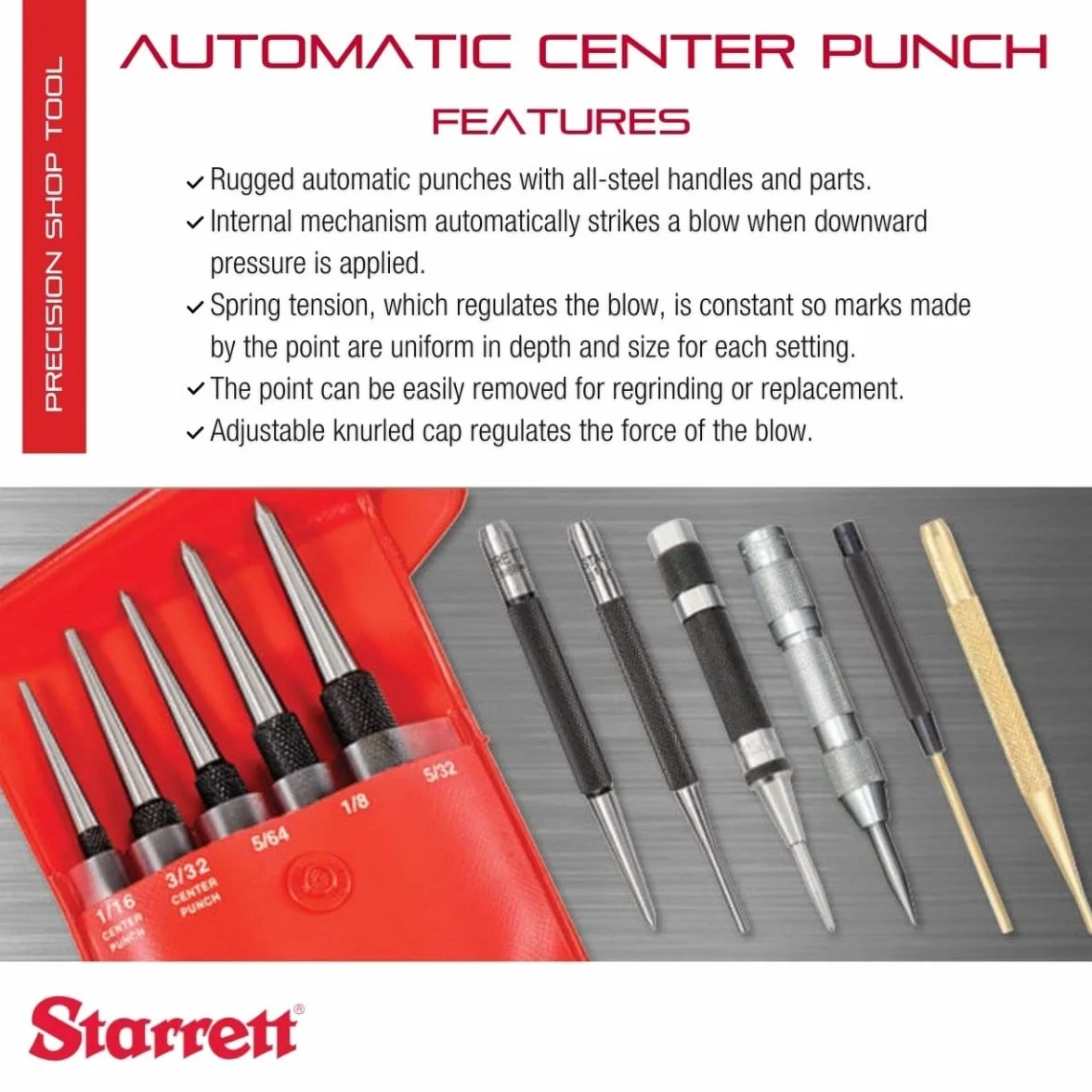 Starrett 50120 Punktak Regulowany 14mm/125 mm Stal Czarny