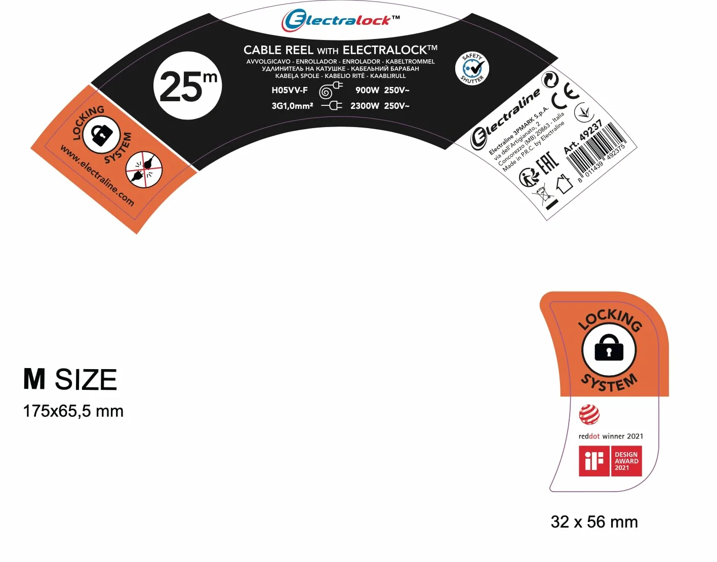 Electraline 49237 bęben kablowy 25 m 3G1 z gniazdkiem elektrycznym, system blokady przyłącza prądu, ponieważ zapobiega przypadkowemu odłączeniu podłączonego urządzenia podczas użytkowania
