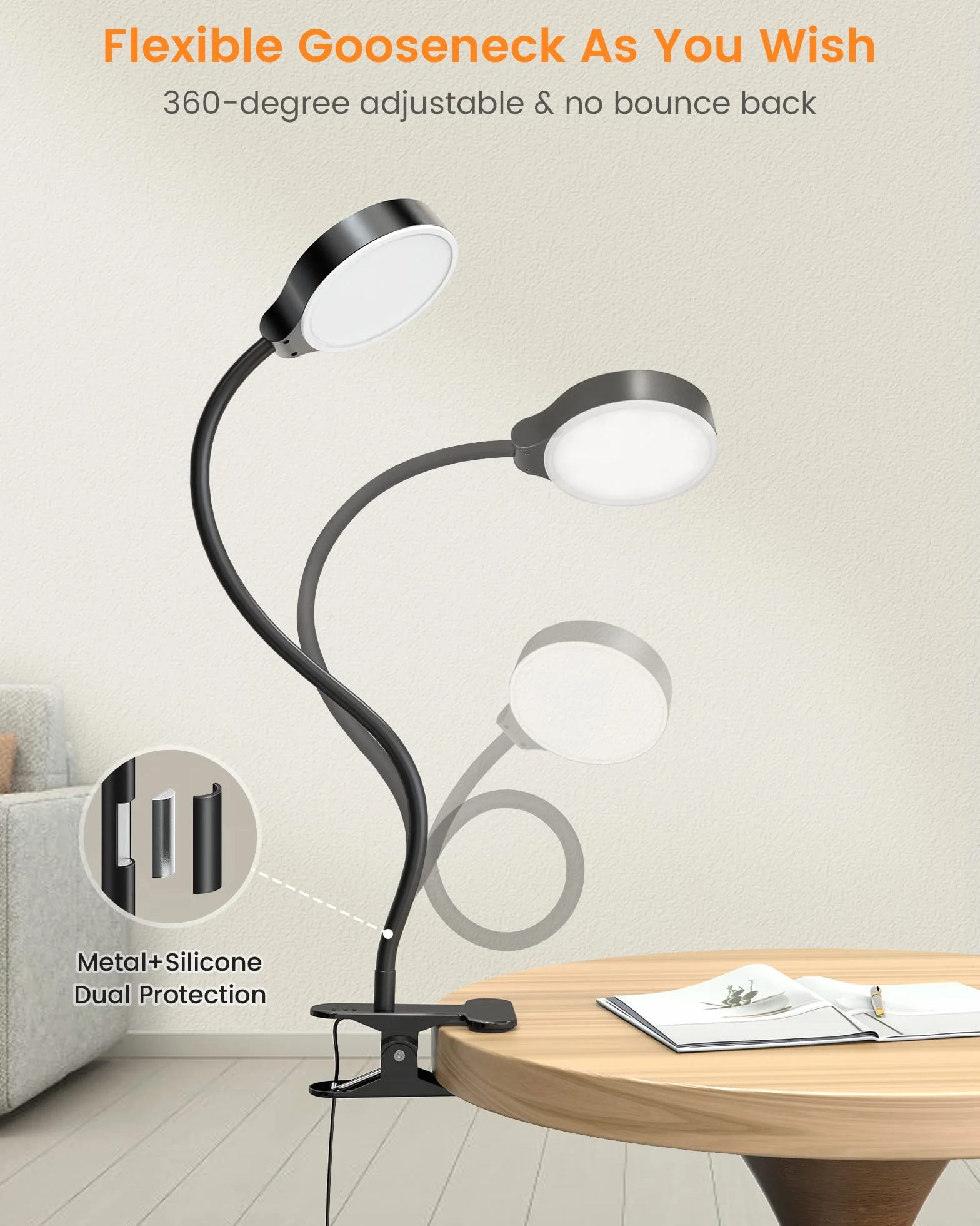 Glocusent Lampa biurkowa LED 5 W 36 koralików CRI 90 3 kolory 5 jasności czarna z adapterem