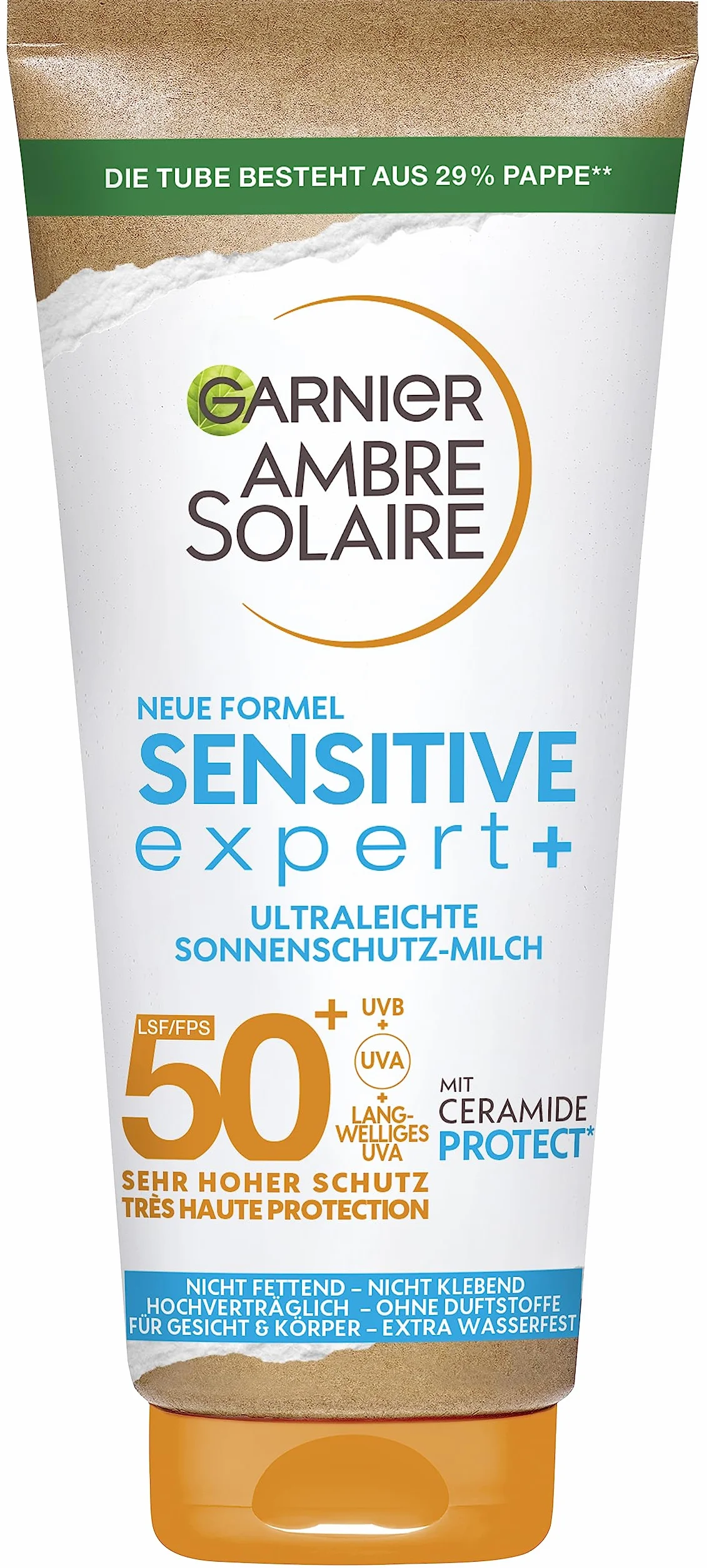 Garnier Ambre Solaire Sensitive Expert mleczko z filtrem przeciwsłonecznym LSF 50+, bardzo lekki i bez pozostawiania śladów krem przeciwsłoneczny do jasnej i wrażliwej skóry, Ambre Solaire Sensitive
