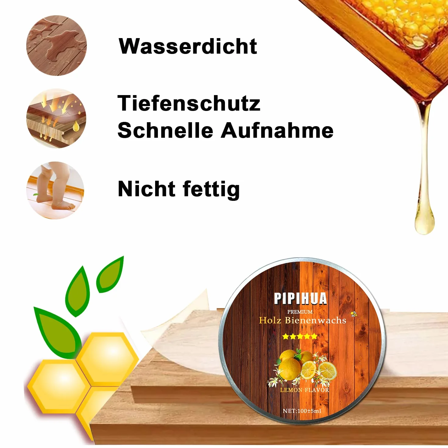 Pielęgnacja mebli, wosk pszczeli, naturalna pielęgnacja drewna, wodoszczelny, odporny na ścieranie, do pielęgnacji mebli i ochrony drewna mebli drewnianych, środek polerujący do drewna i mebli, 100g z gąbką (cytryna)