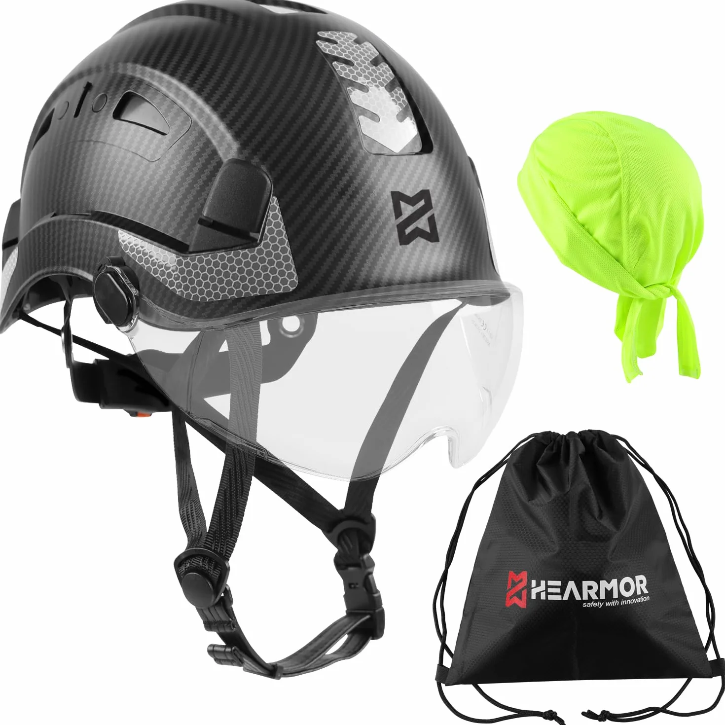 HEARMOR Kask budowlany z wizjerem, kask budowlany dla dorosłych ABS, kask roboczy dla mężczyzn, EN397 i EN12492, amortyzacja uderzeń, odporność na penetrację, wizjer, przezroczysty lub przydymiony