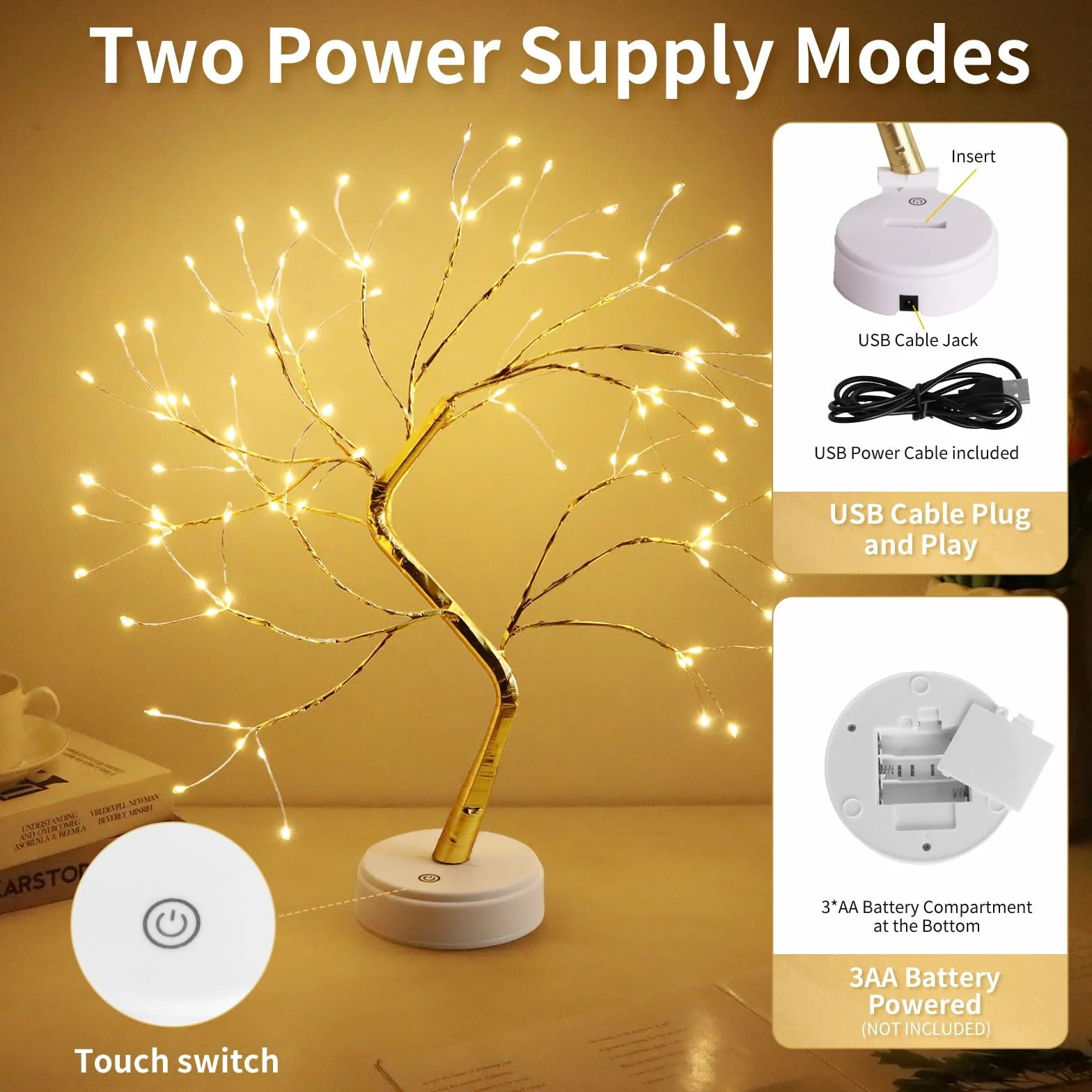 Choinka LED 108 diod, regulowana gałąź, USB/bateria, ciepłe białe światło, dekoracja wnętrz