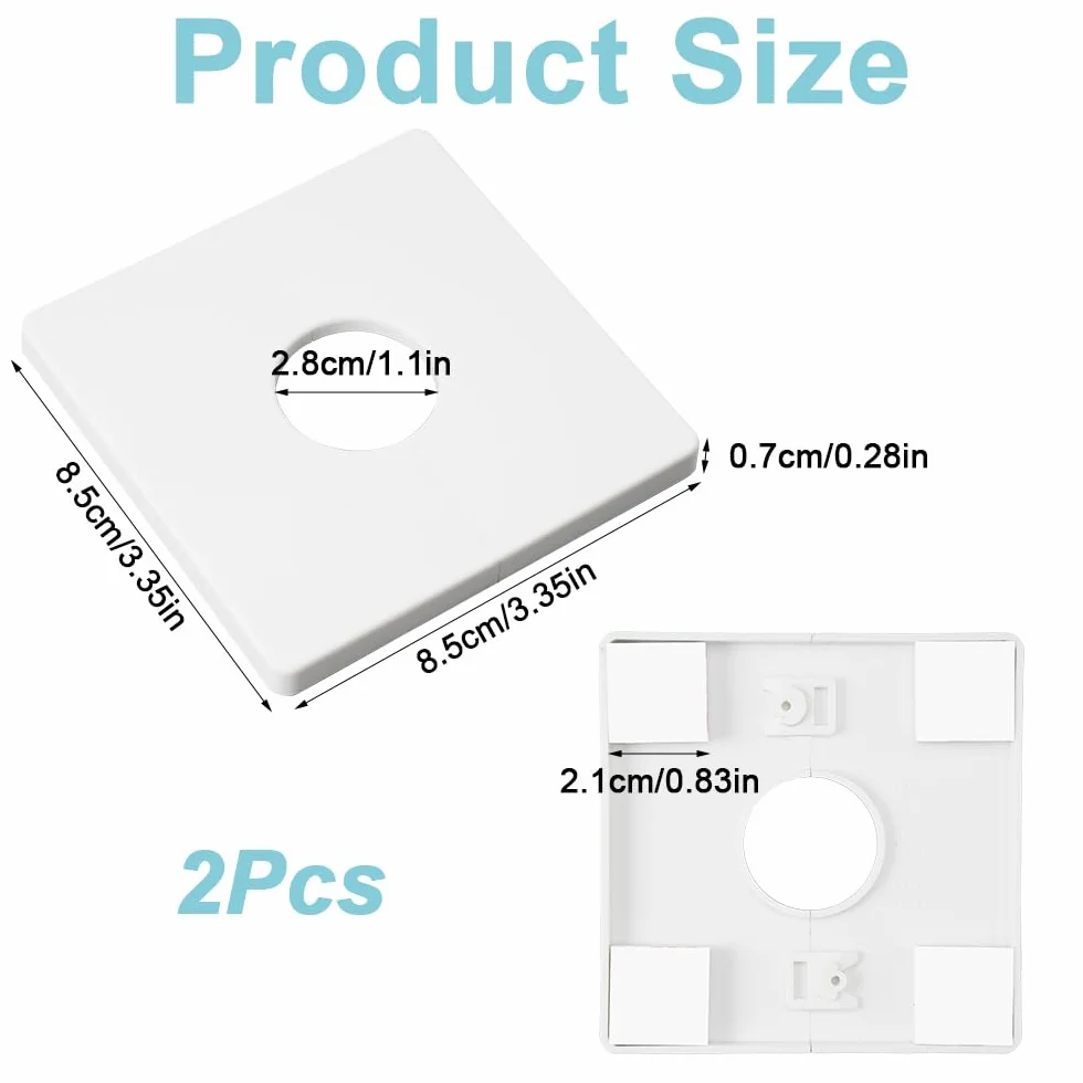 Kwadratowa płyta rozetowa z tworzywa sztucznego ABS, 8,5 x 8,5 x 0,7 cm, samoprzylepna, kwadratowa, średnica wewnętrzna 21 mm, osłony ścienne do przewodów elektrycznych, armatury, kranów, 2 szt