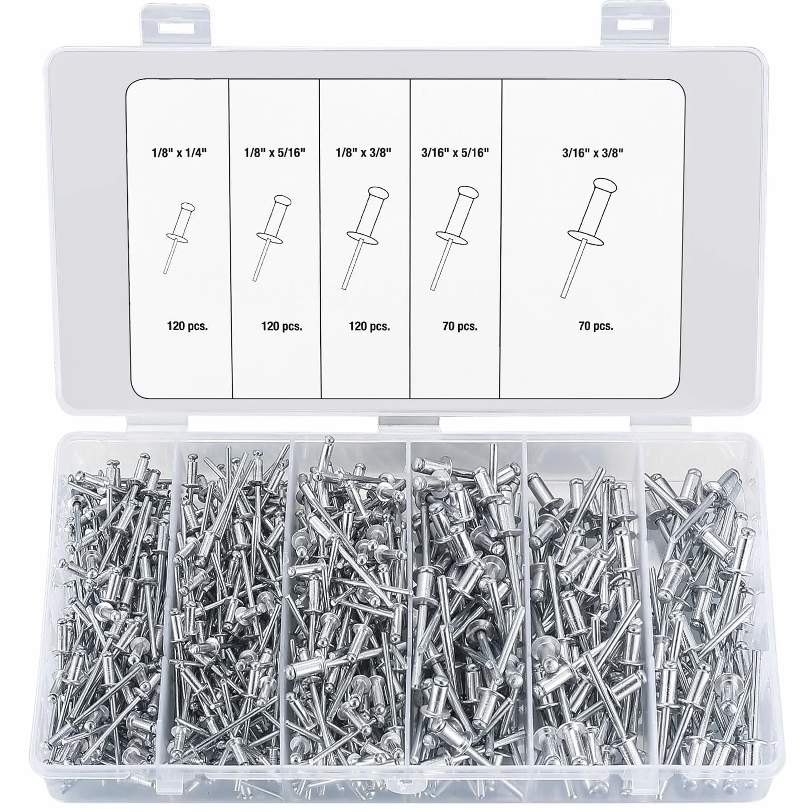 Nity Ślepe Aluminiowe 500 Szt. Mix 5 Rozmiarów 3,2mm 4,8mm Płaskie Głowice do Metalu Drewna Plastiku