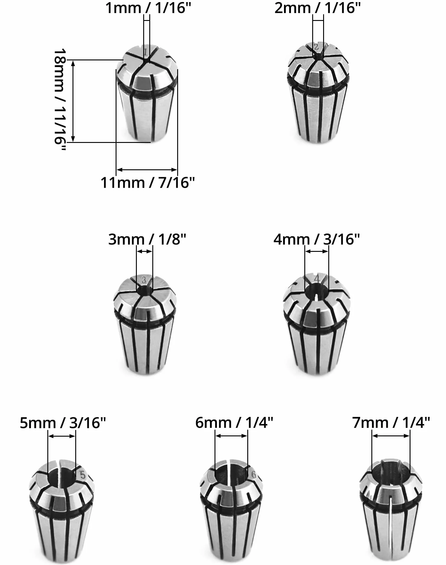 QWORK Zestaw z 7 tulejami zaciskowymi ER11 1.0mm-7.0mm wysoka siła zacisku narzędzie do grawerowania i frezowania CNC