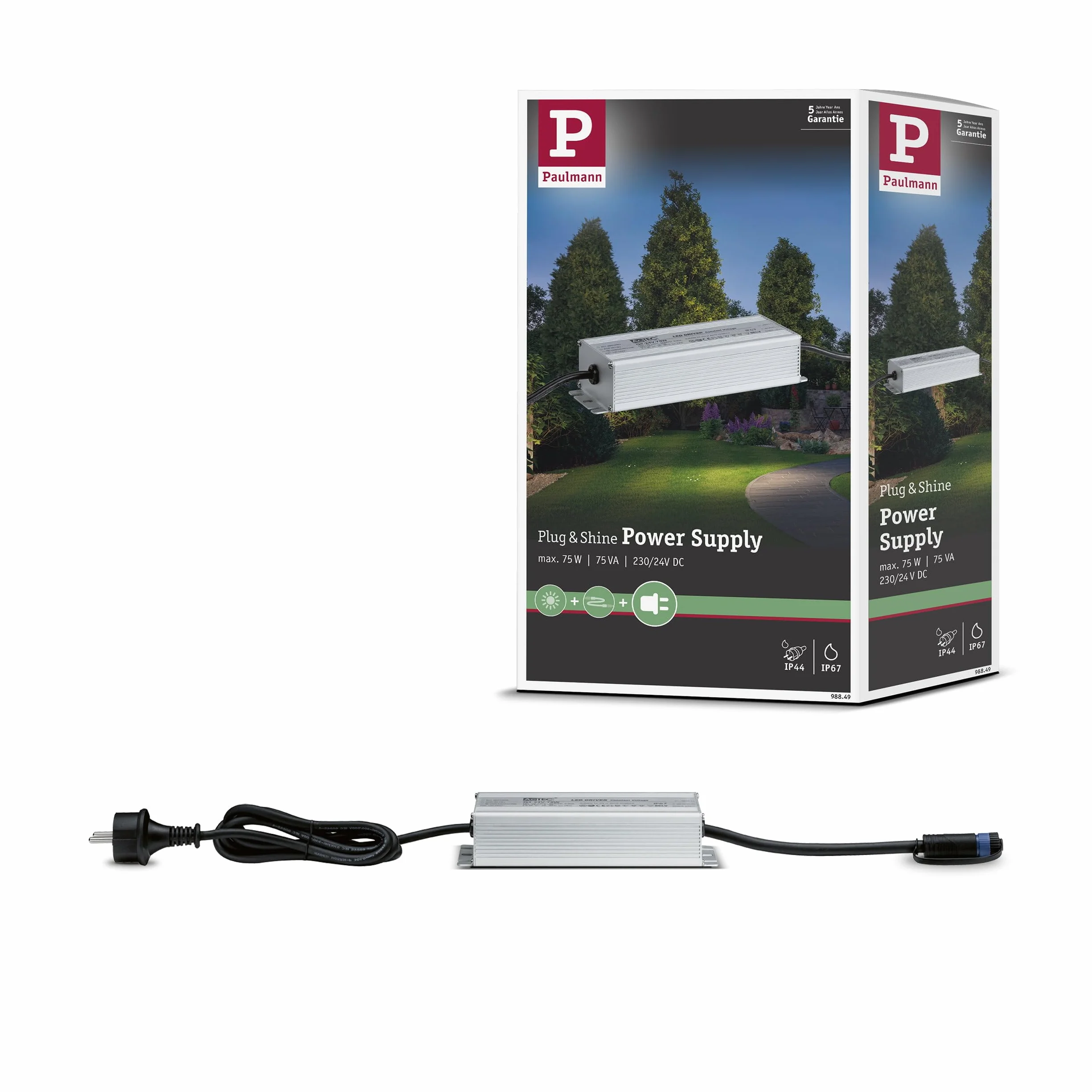 Paulmann 988.49 Outdoor Plug & Shine Power Supply IP44 230/24V DC 75W 98849 transformator lampy zewnętrznej, 18,6 x 6,4 x 4 cm