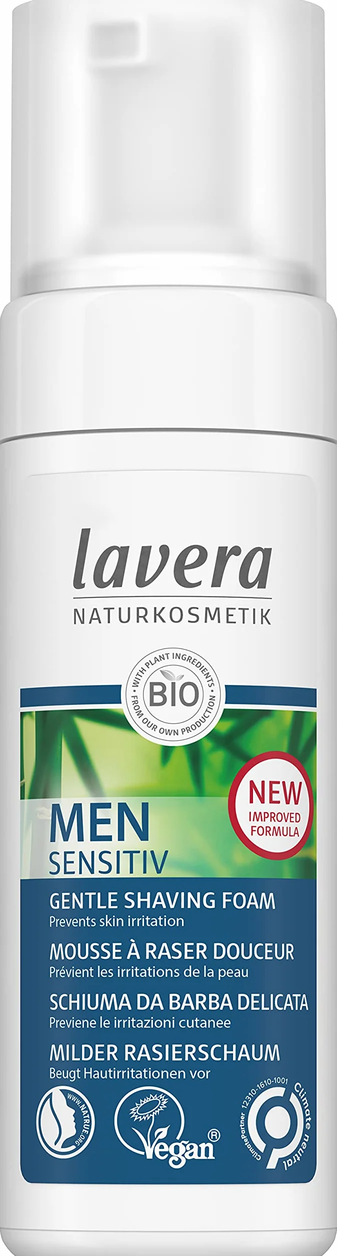 lavera Men sensitiv Miękka pianka do golenia z organicznym bambusem i organicznym aloesem, zapobiega podrażnieniom skóry, dla skóry wrażliwej, wegańska, organiczna (1 x 150 ml)