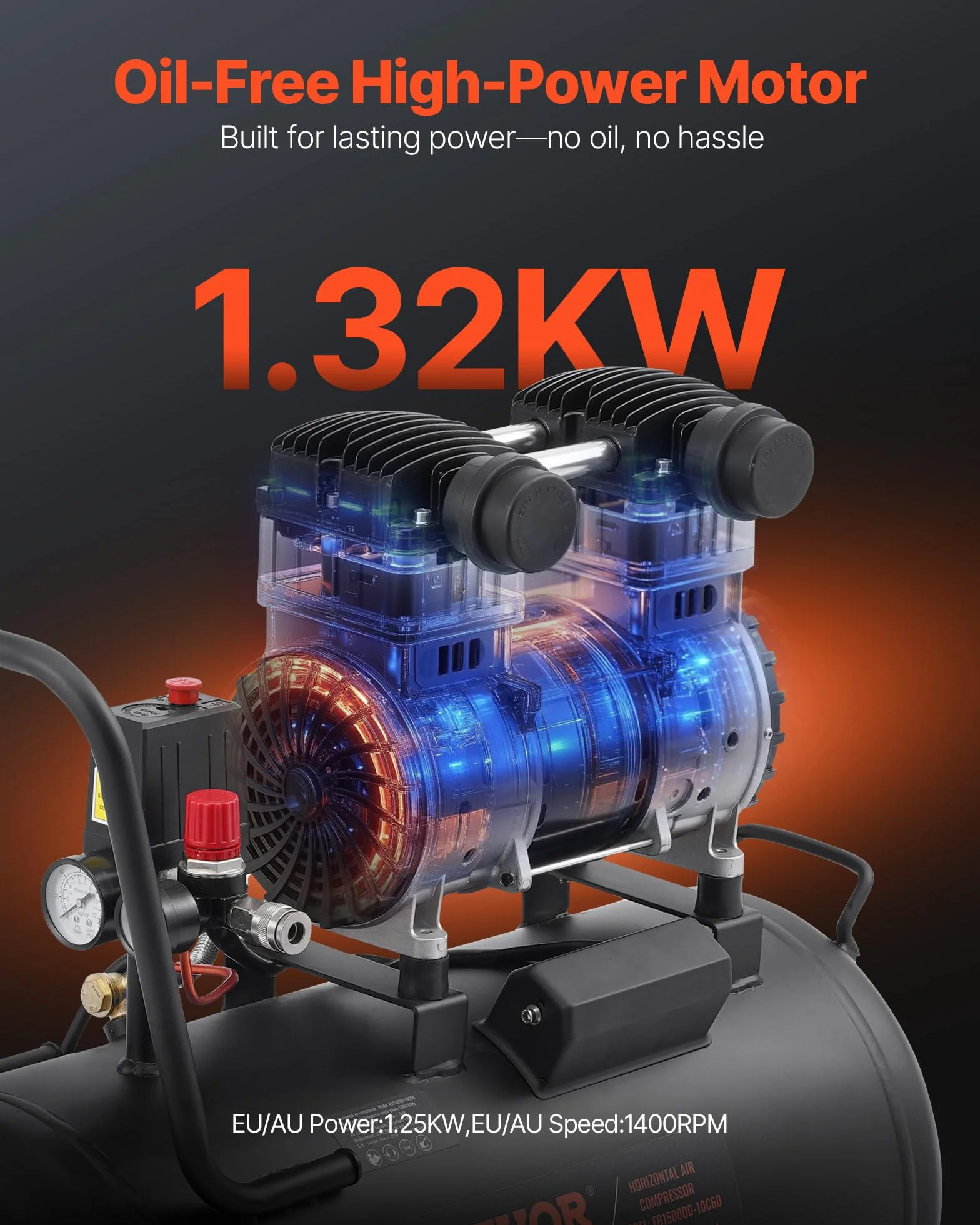 VEVOR Sprężarka powietrza 60 l bezolejowa 1,25 kW 5,3 CFM 125 psi