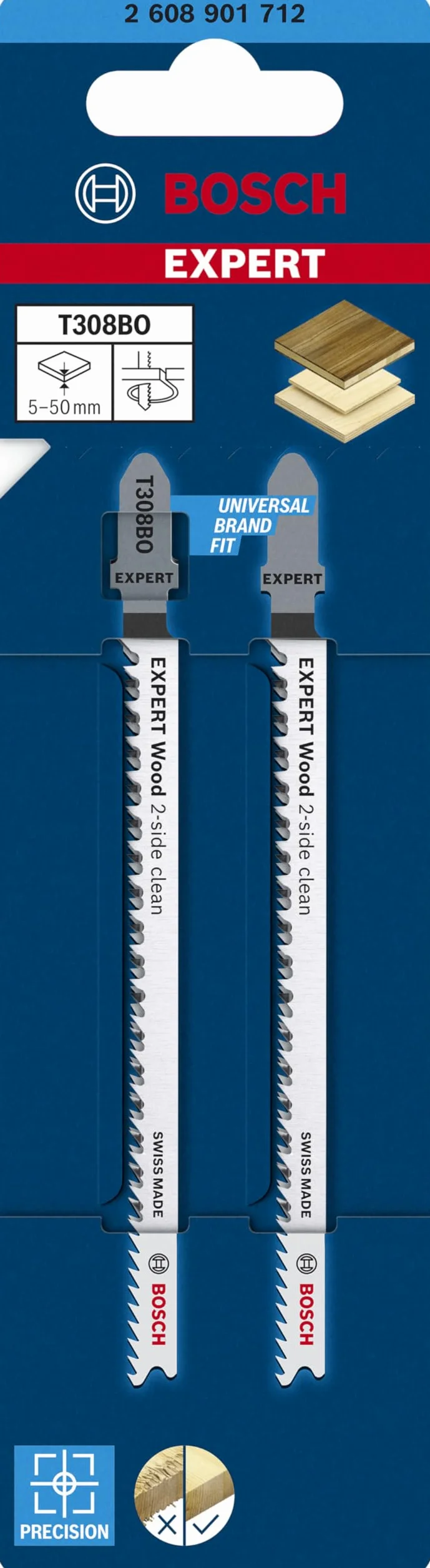Bosch Accessories Expert T 308 Bo Brzeszczot do Wyrzynarki, Srebrny, 2 x 117 mm