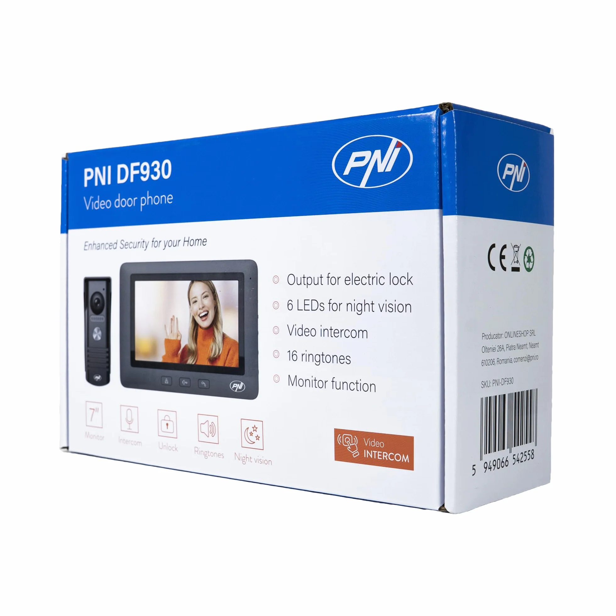 PNI Wideodomofon DF930 z 1 monitorem, 7-calowym ekranem LCD, 800 x 480, wyjście elektromagnetyczne Yala, czarny