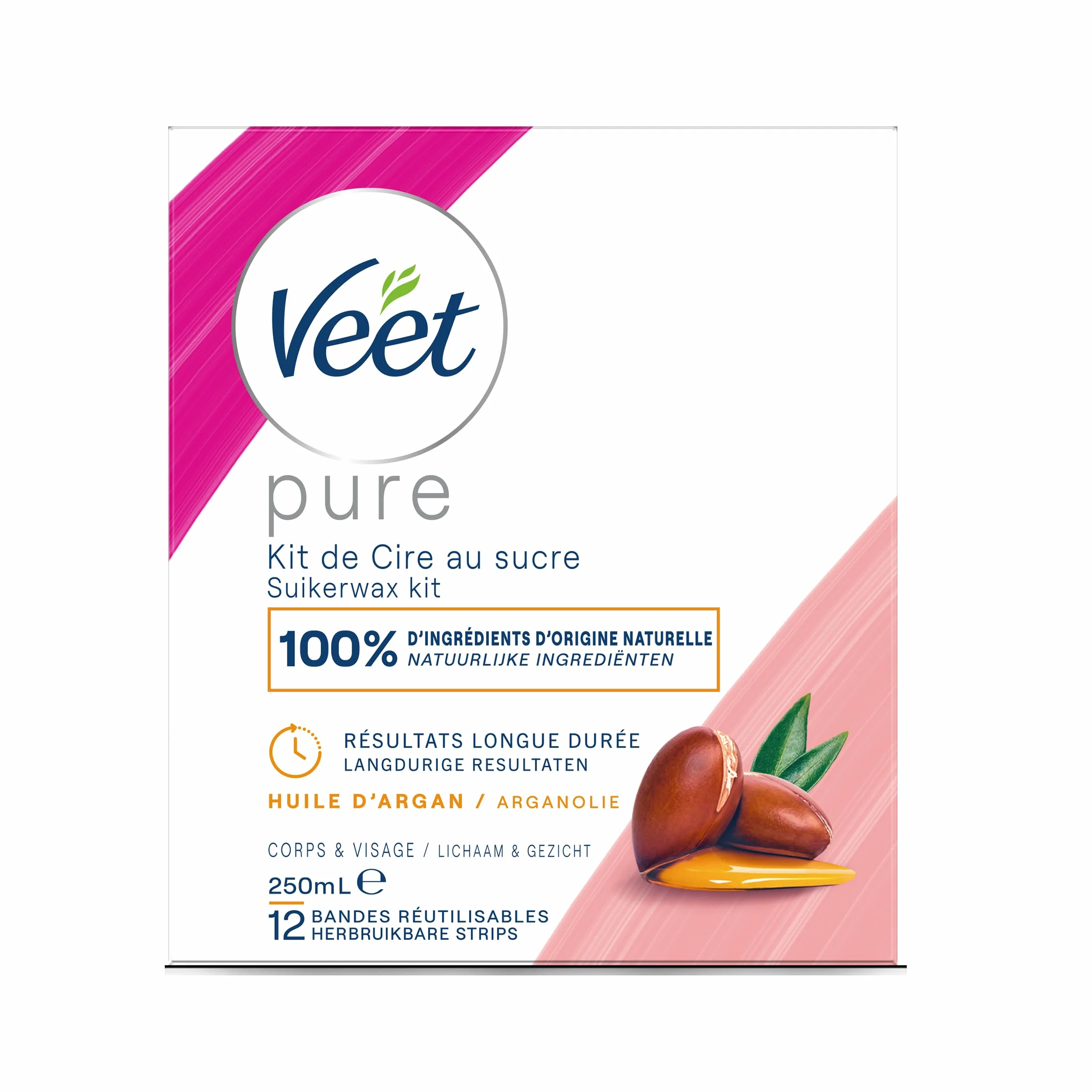 Veet PURE - Gorący wosk z cukrem i olejem arganowym - Bezpasmowa depilacja - 100% naturalne składniki - 250ml
