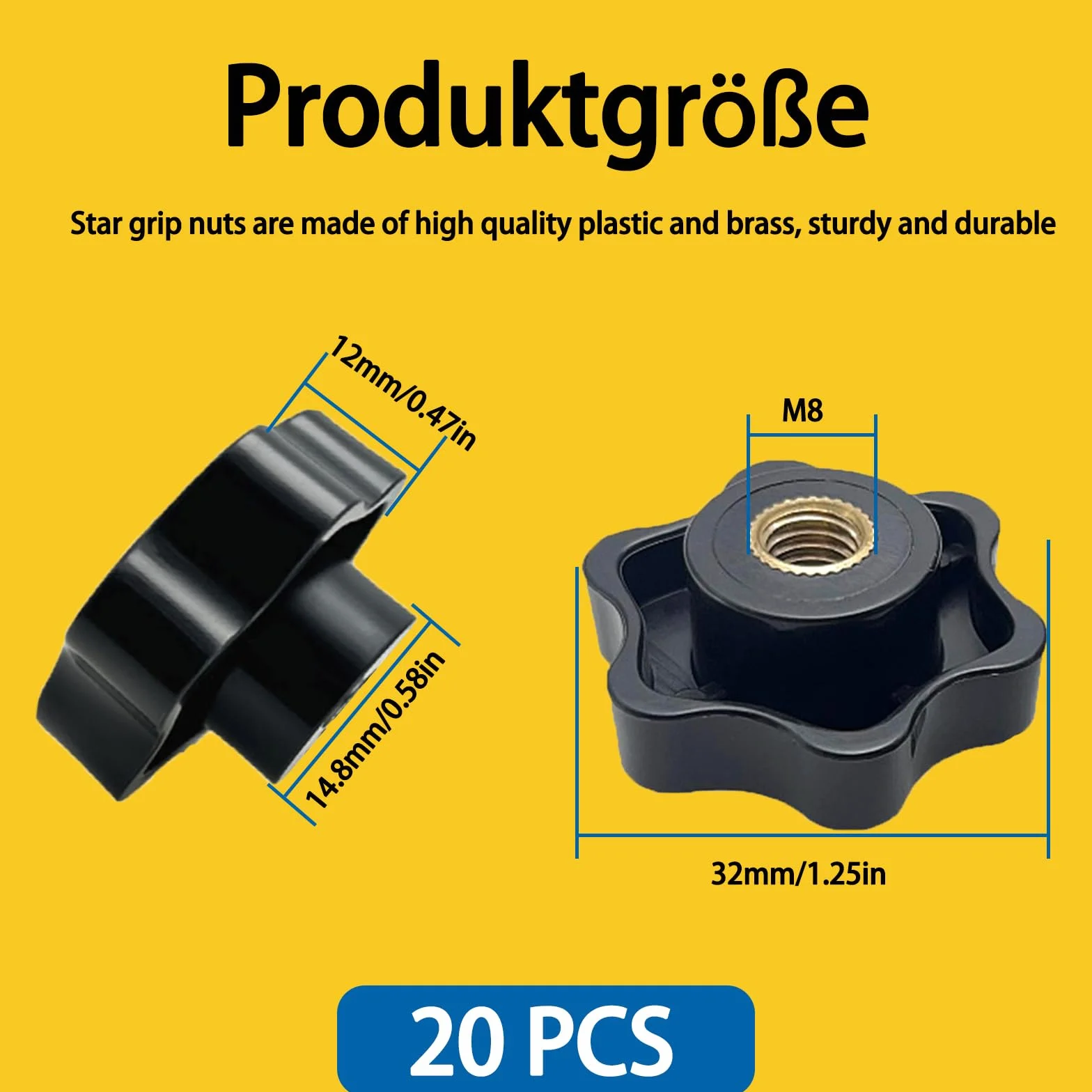 Nakrętka uchwytu gwiazdowego M8 × 32 mm czarna radełkowana z tworzywa sztucznego 20 sztuk