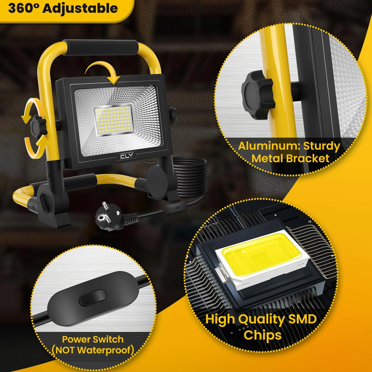 CLY Reflektor LED 60W 5200lm 6500K IP66 Przenośna Lampa Robocza 5m