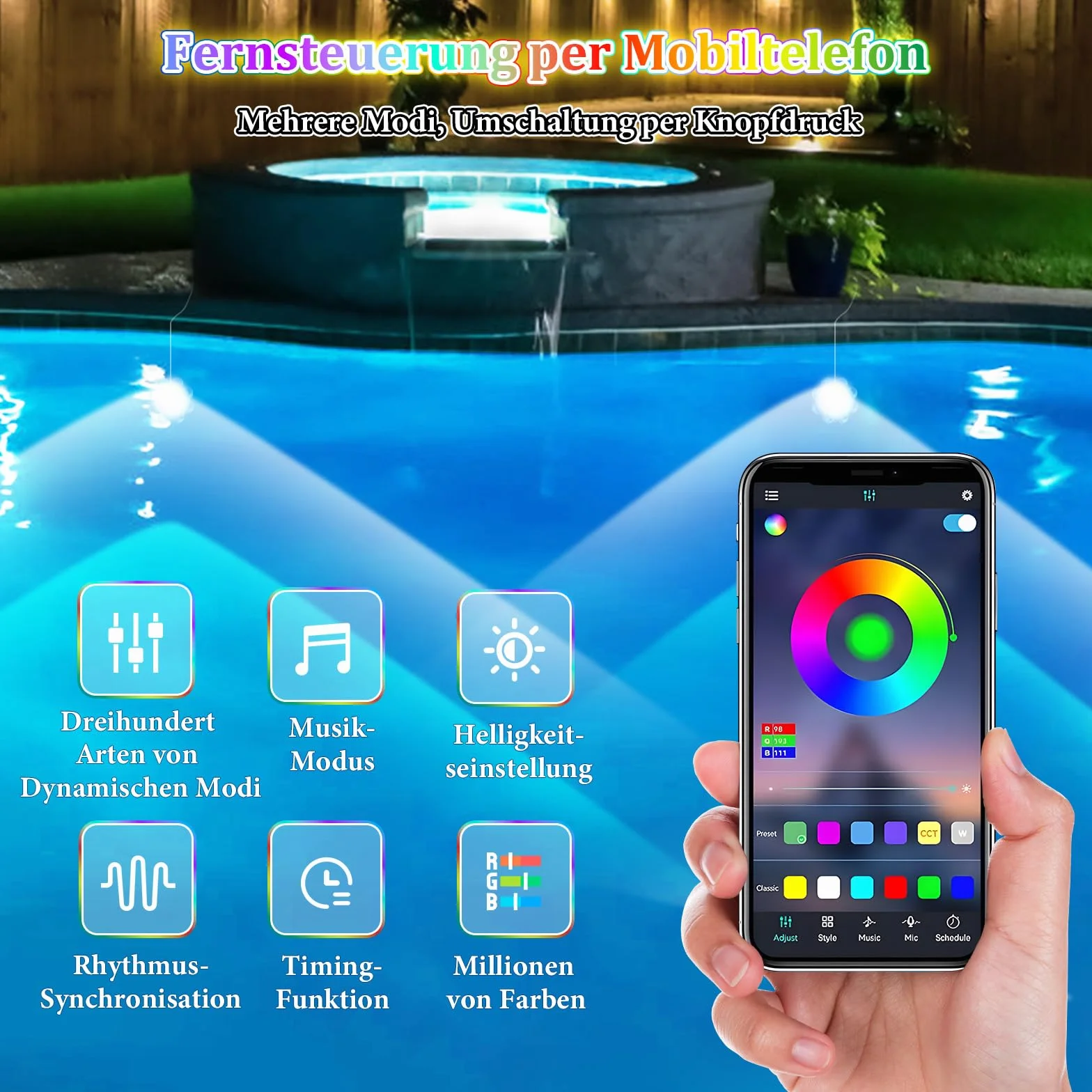 Oświetlenie basenu RGB z pilotem, muzyczne, timer, podwodne do wanny (2)