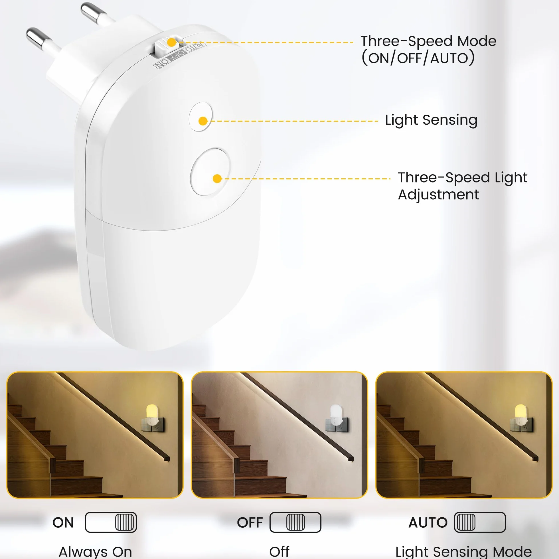 Nocna Lampa z Gniazdkiem i Czujnikiem Zmierzchu 2 Pak LED Nocne Oświetlenie 3 Tryby Regulacja Jasności 3 Poziomy