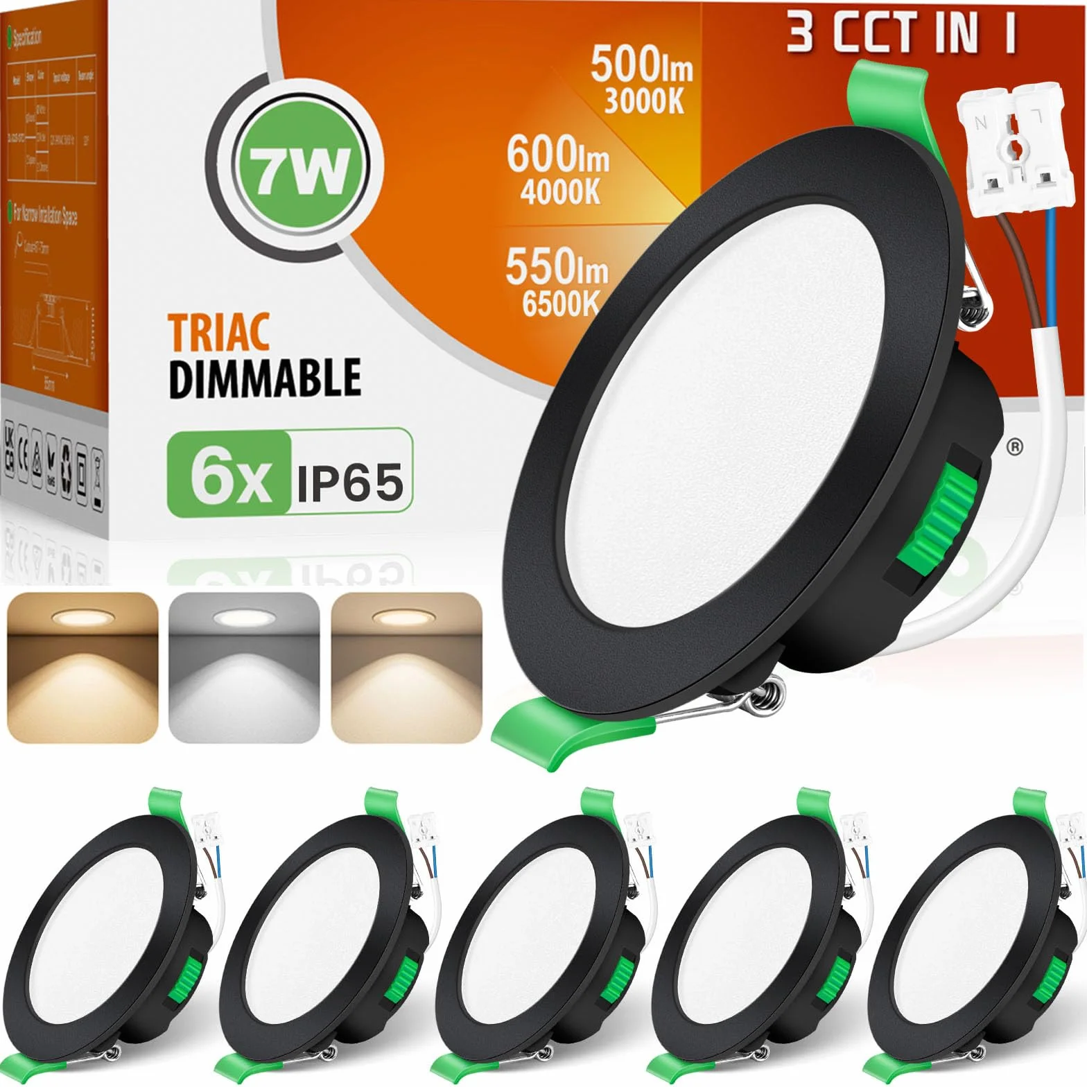 ALUSSO Wodoodporna IP65 Regulowana Oświetlenie LED Spot 230V 7W Sufitowe 3000K 4000K 6500K Okrągłe Czarny Opakowanie 6szt