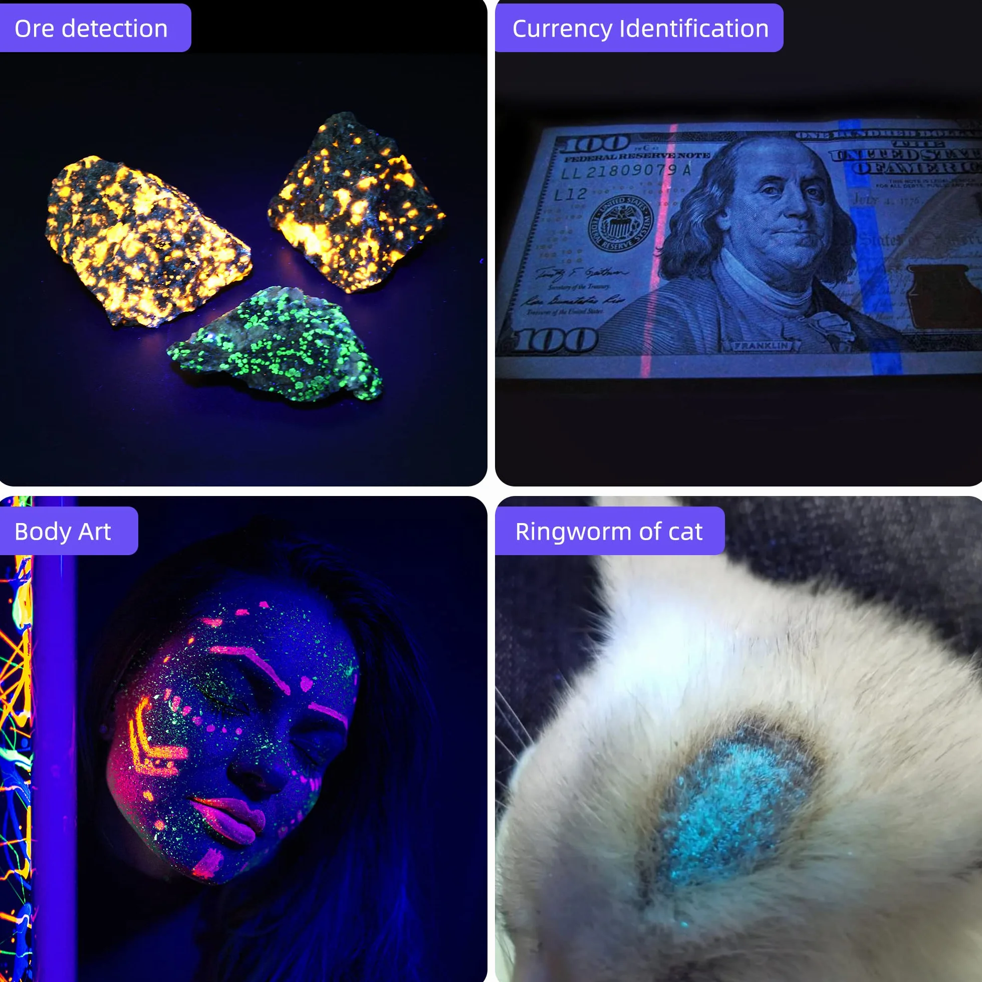 DARKBEAM Latarka UV 365nm Blacklight, Mini Potężna Lampa Leśna USB-C Akumulator, Latarki LED Ultrafioletowe Wykrywacz moczu zwierząt domowych, 2szt