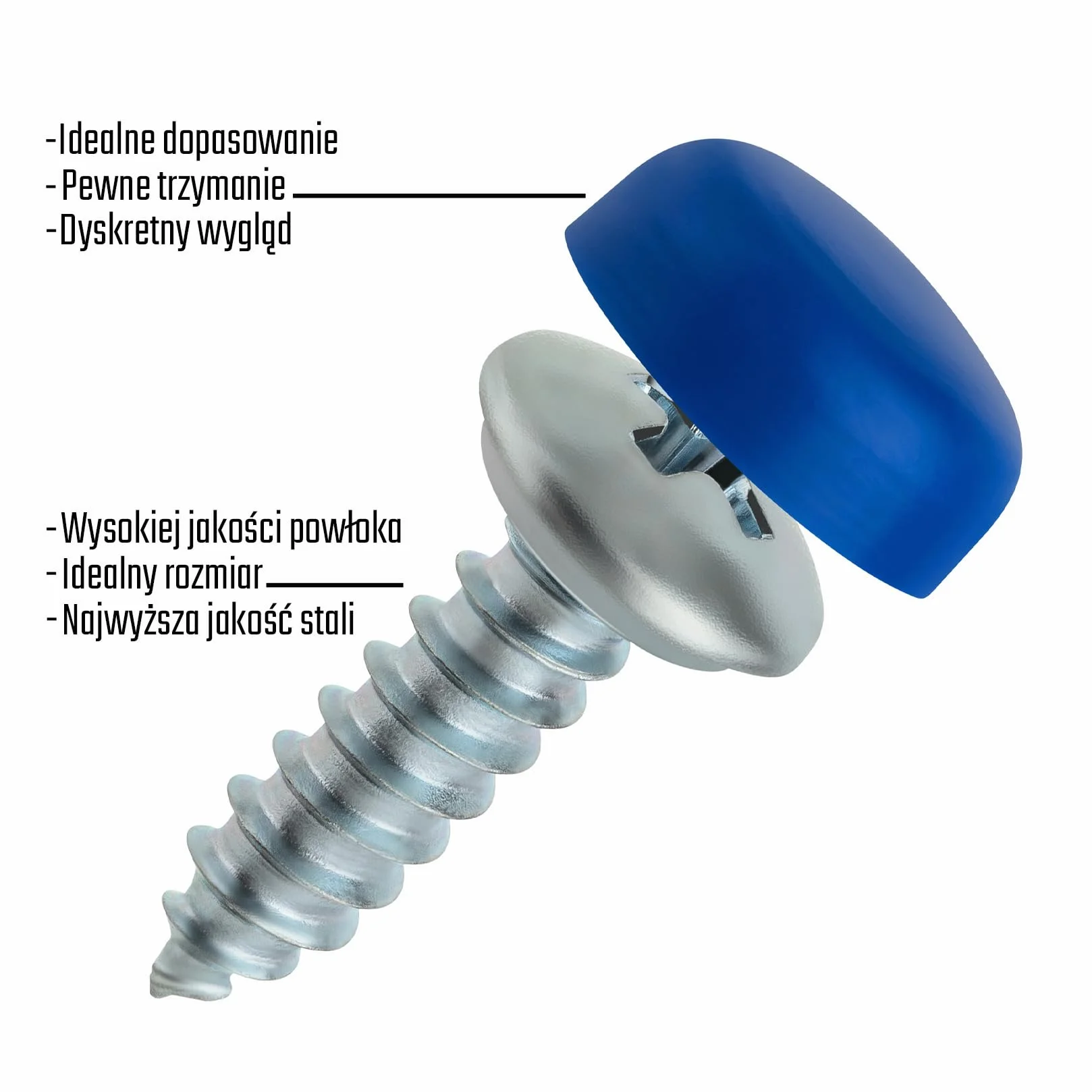 Zestaw 4 śrub do tablicy rejestracyjnej 4,8 x 16 mm z zaślepkami mocowanie